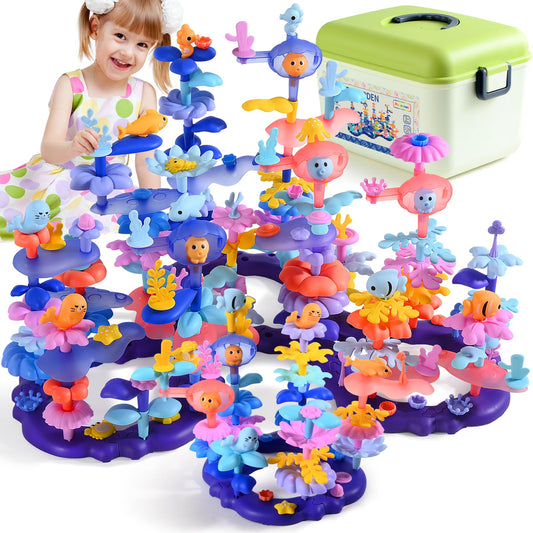Doloowee 156 Pcs Flower Garden Building Toys for 3 4 5 6 7 8 Year Old Girls Sea Coral Stacking Toys Educational Toys for Toddlers