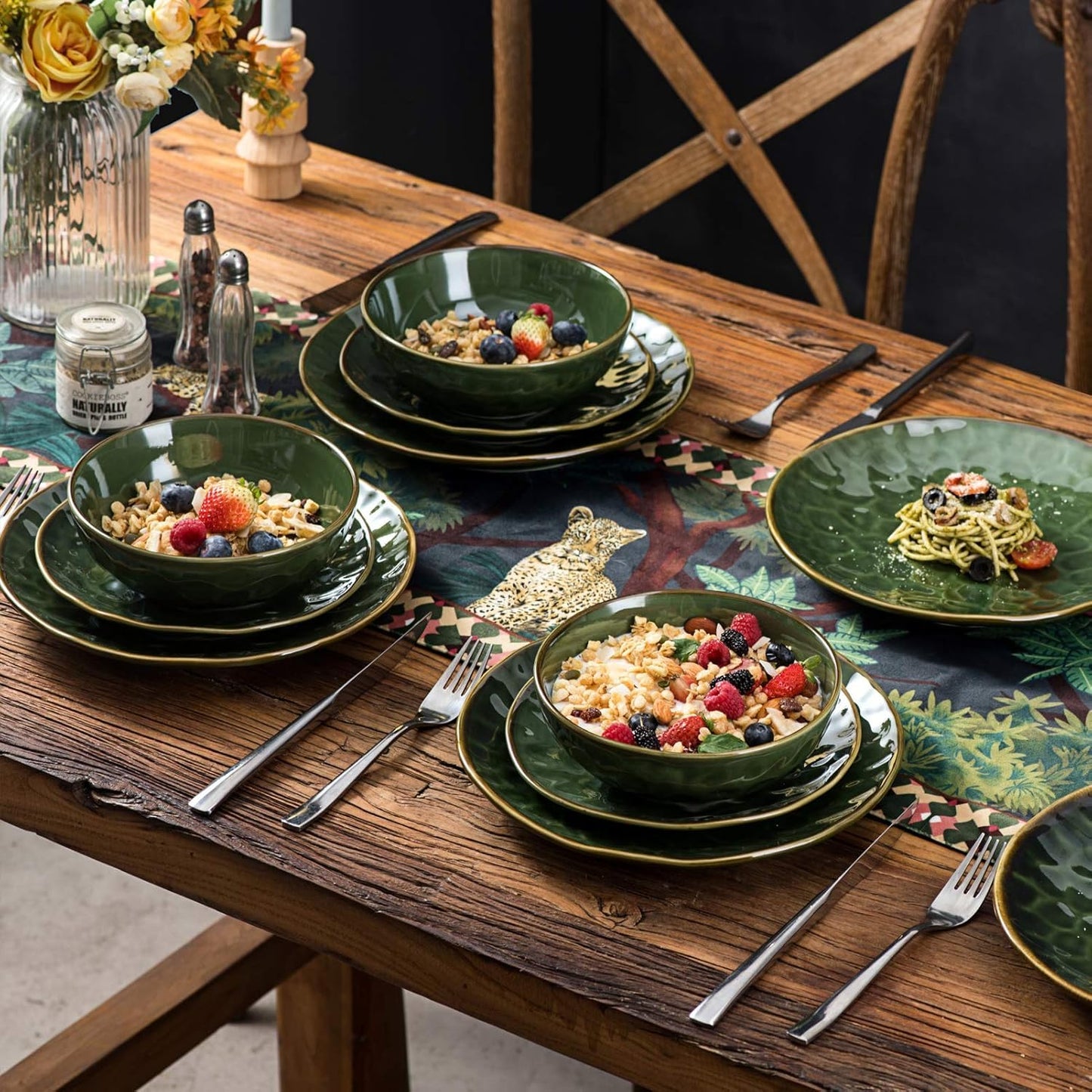 vicrays Ceramic Dinner Plates Set, 10.5 Inch, Set of 6, Round, Microwave, Oven, Dishwasher Safe, Scratch Resistant, Porcelain Fluted Suitable for Steak, Pasta, Pizza, Home, Restaurant, Green
