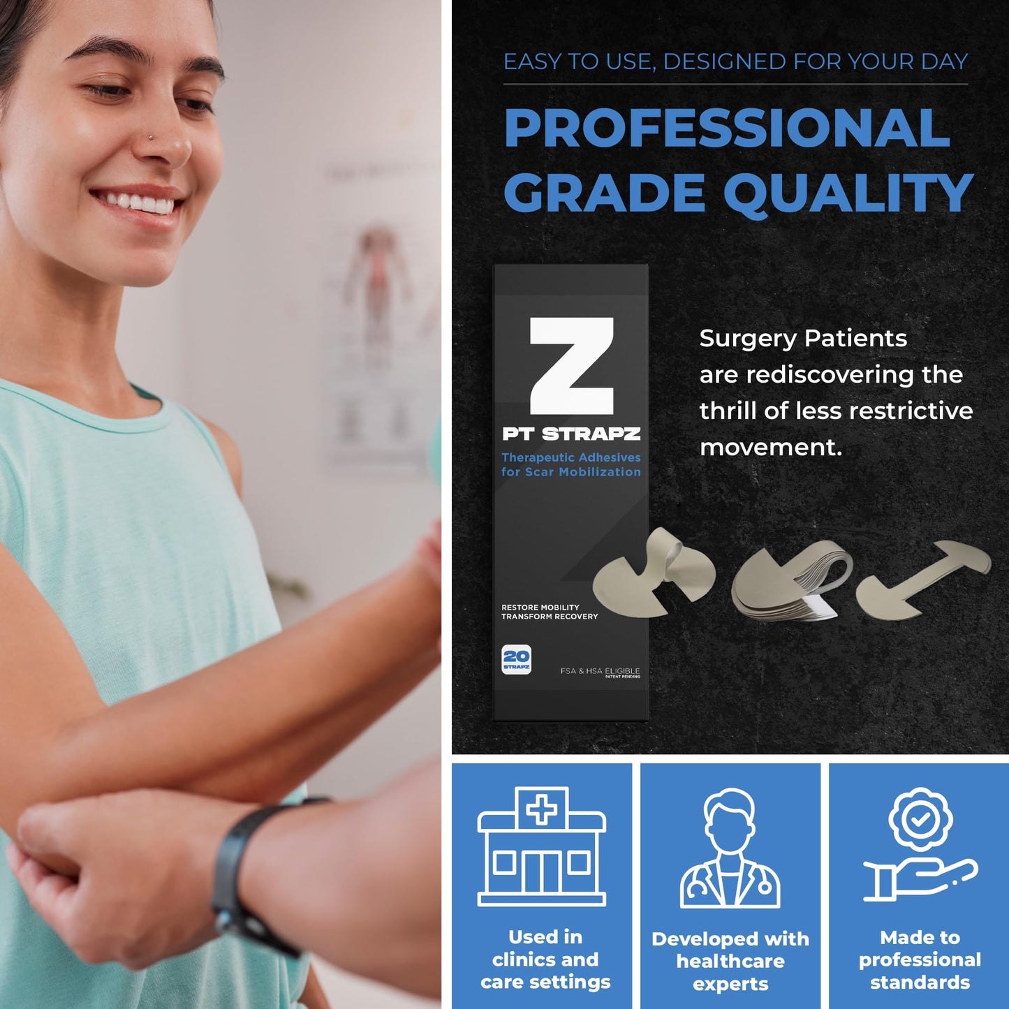 PT StrapZ Non-Elastic, Therapeutic Adhesive, Scar Tissue Mobilization, Scar Tissue Stretching, Therapeutic Tool to aid Recovery from Surgery or Trauma Health & Personal Care (20 strips)