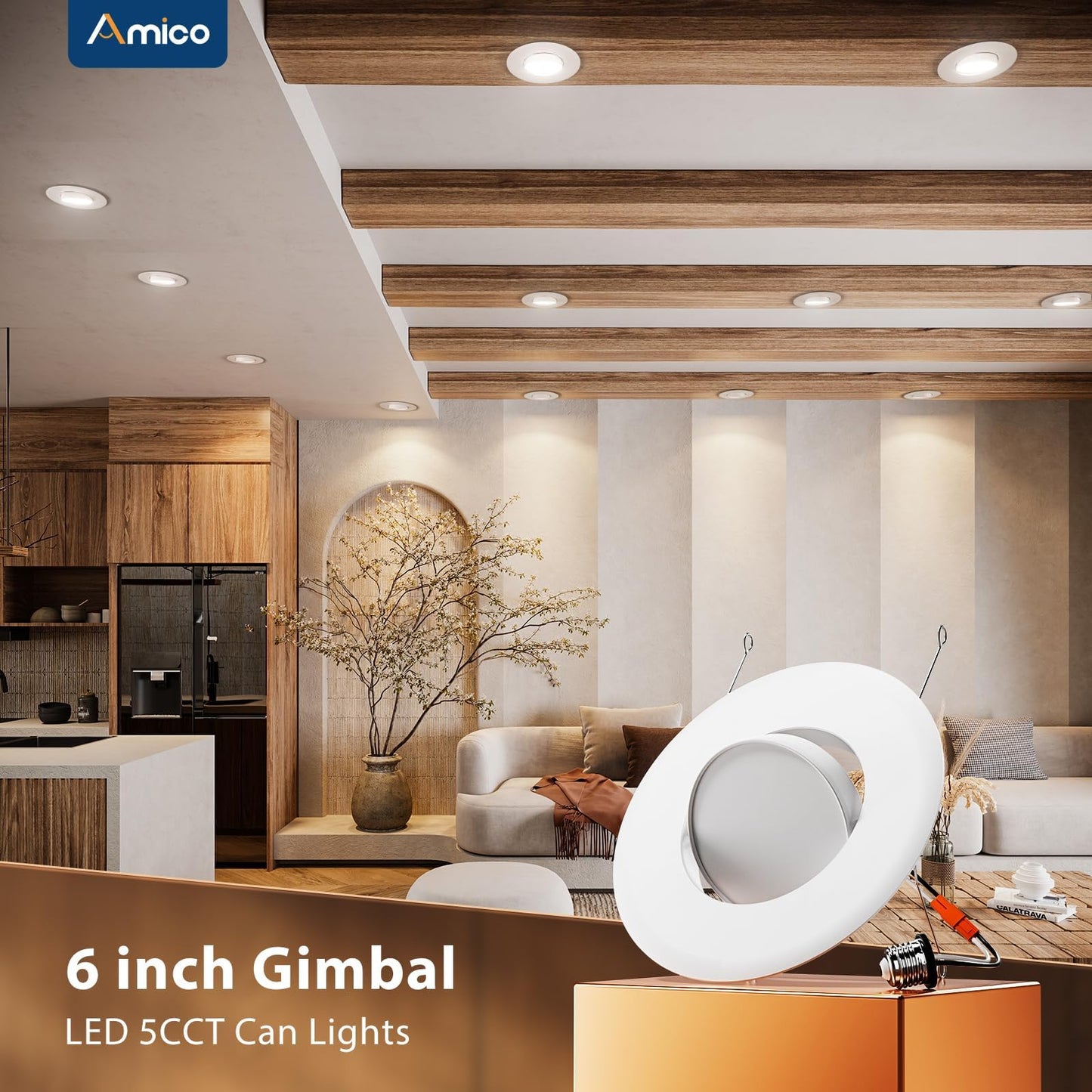 Amico 6 Pack 6 Inch Retrofit Eyeball Gimbal Can Lights, Adjustable Eyeball Directional 5CCT LED Recessed Lights, Dimmable, 2700K/3000K/3500K/4000K/5000K Selectable, 10W 950LM, ETL&FCC