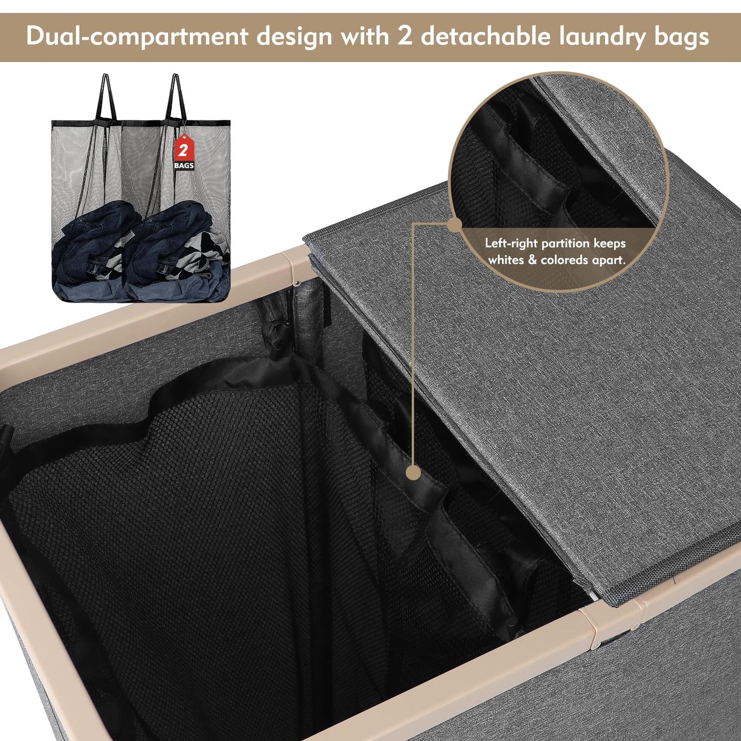 DOKEHOM 160L Extra Large Laundry Hamper with Lid, 2-Section Double Laundry Basket with Removable Mesh Liner Bags, Collapsible Clothes Sorter for Family, Bedroom, Laundry Room, Dark Grey