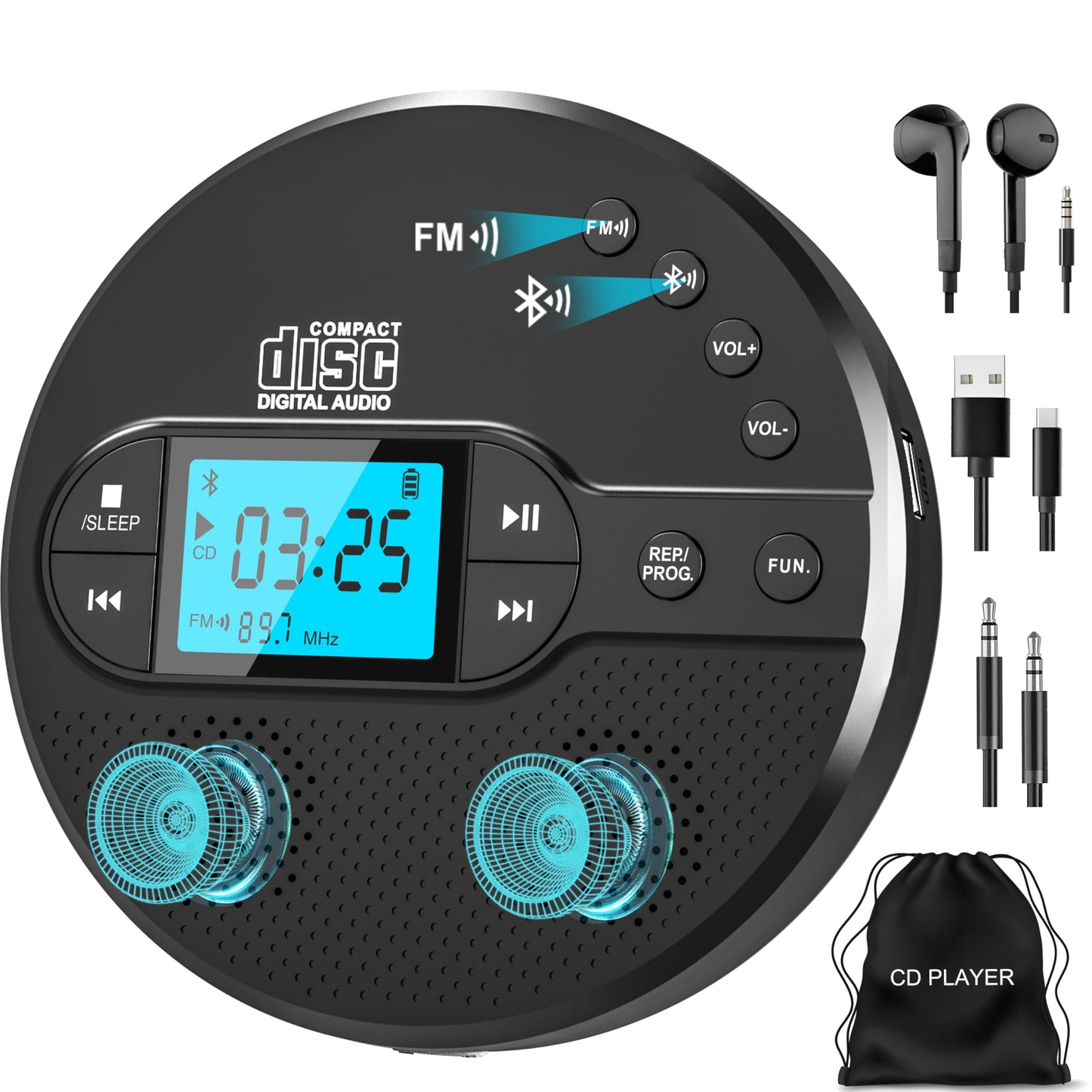 Sunoony Portable CD Player with Bluetooth, Walkman CD Player with FM Transmitter and Speakers for Car, Rechargeable Discman CD Player with Anti-Skip Protection, Headphones, LCD Display (Black)