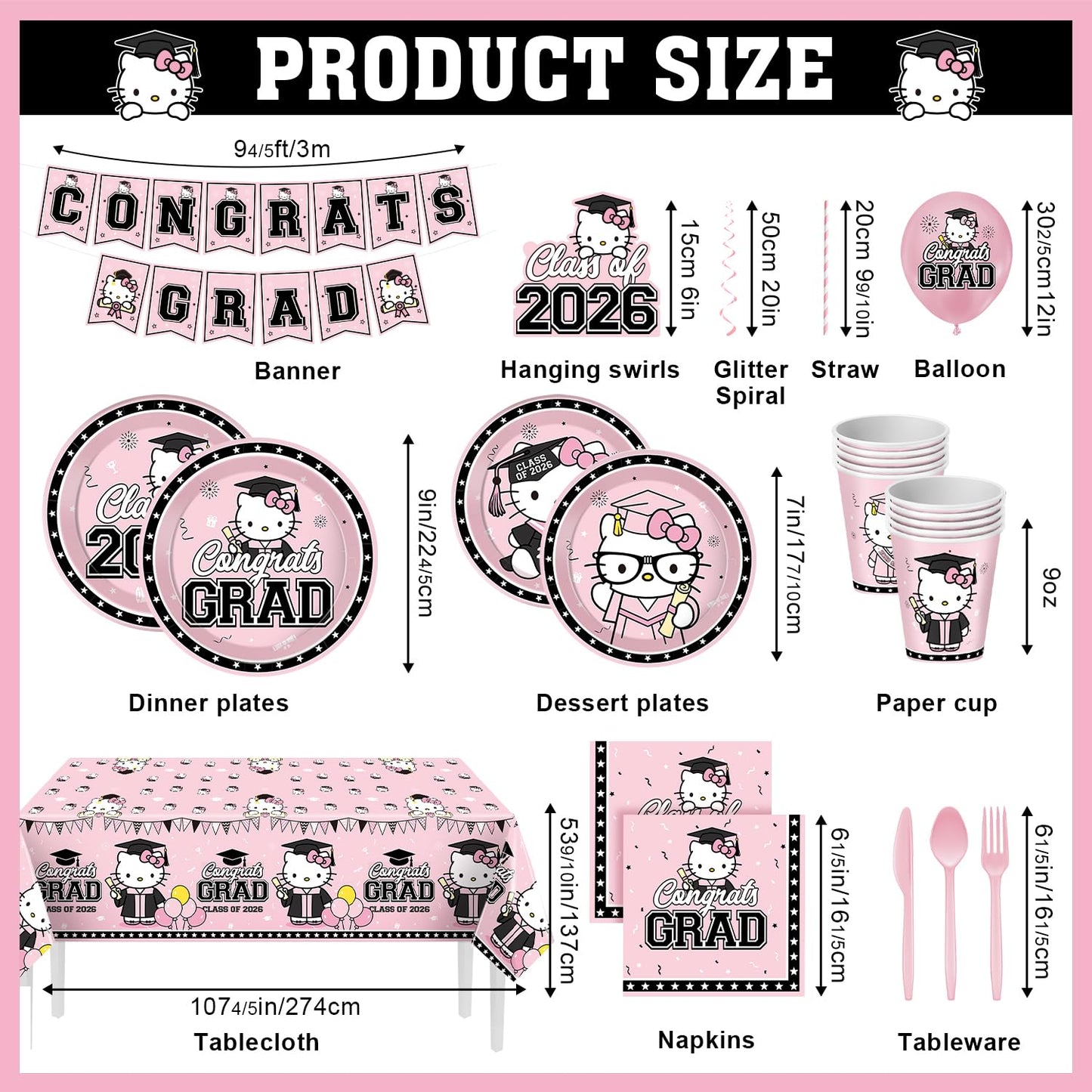 Pink Graduation Decorations, 249Pcs Graduation Party Tableware Supplies with Disposable Plates Napkins Cups Tablecloth and Congrats Grad Banner for Class of 2026 Party Decorations, Serves 24