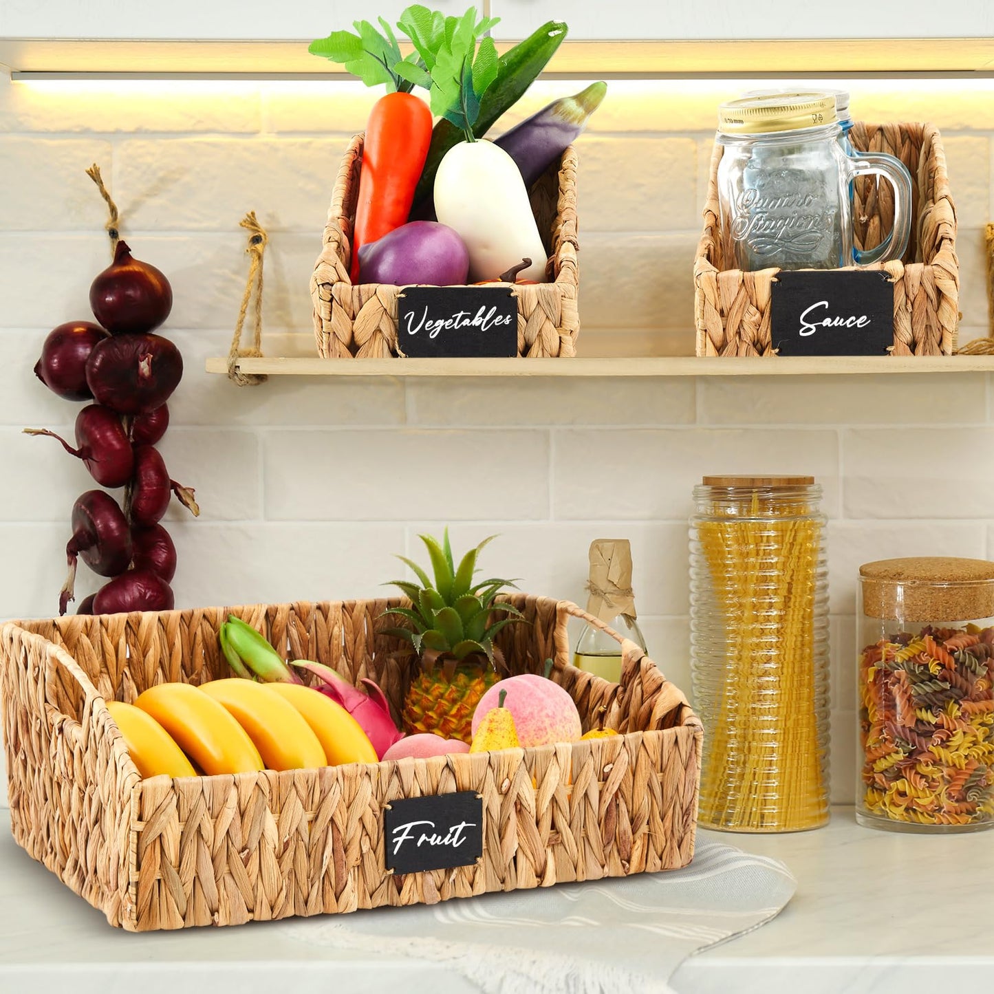 Wonderjune 4 Pcs Natural Water Hyacinth Storage Baskets Set Stackable Handwoven Wicker Storage Bins with Chalkboard Label Built-in Handles Woven Container Basket Kitchen Storage Baskets for Shelves