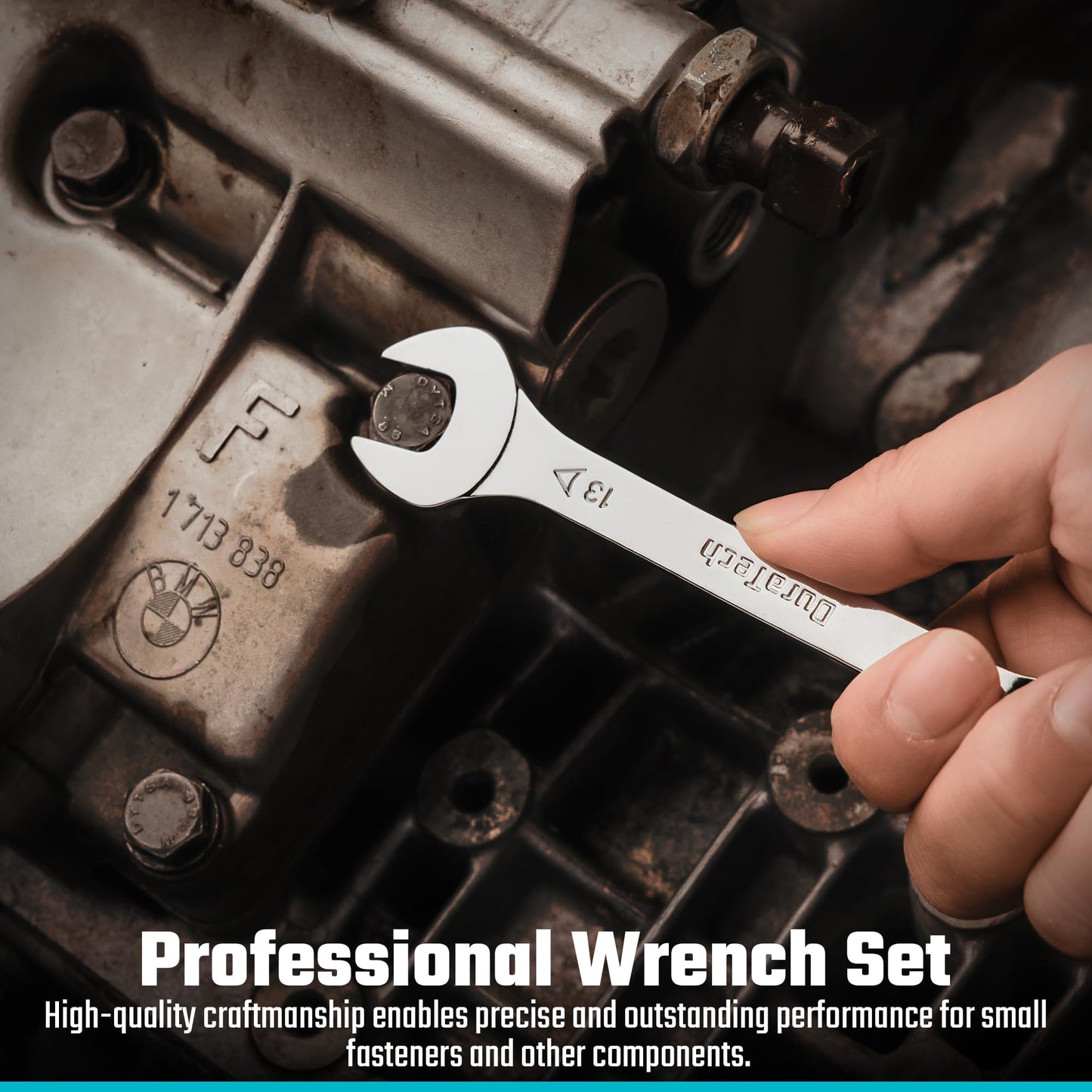 DURATECH Super-thin Open End Wrench Set, SAE and Metric (from 5/16" to 1-1/16", 5.5mm to 27mm), 16-Piece, Slim Spanner Wrench Set with Rolling Pouch