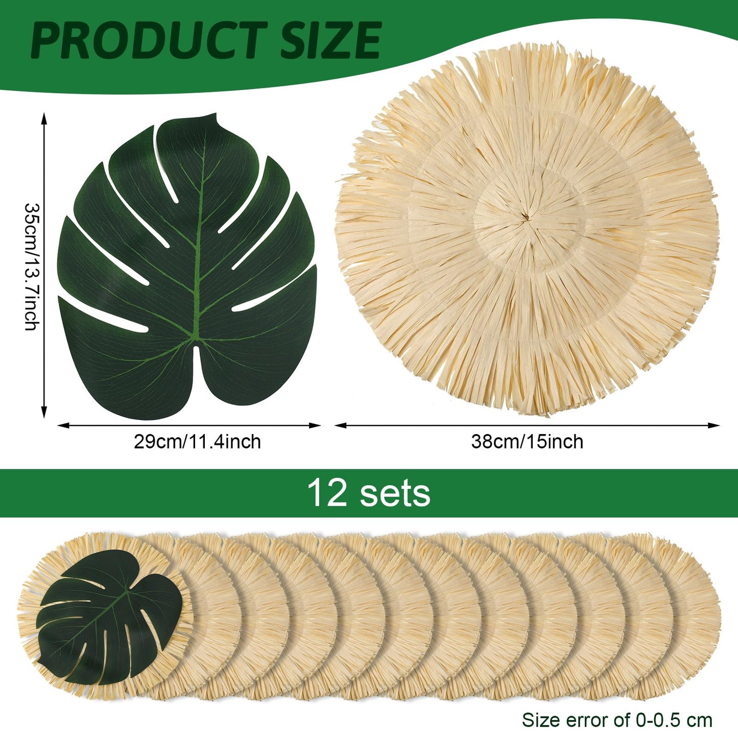 Sunnychicc 24 Pack Luau Placemats and Palm Placemat, Round Luau Fringe Place Mats Tropical Palm Leaf Place Mats Bulk Summer Hawaiian Plate Chargers Table Placemats Tropical Party Supplies