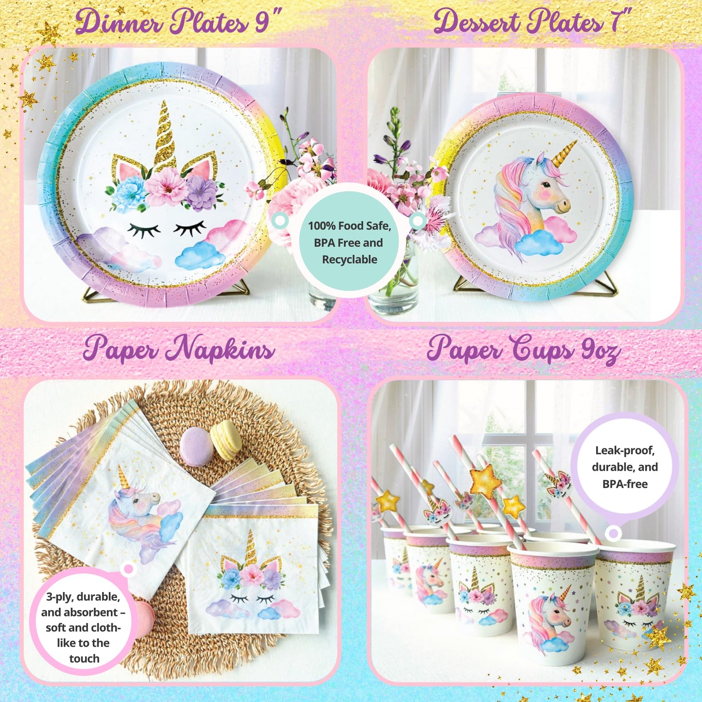 152 Pc Premium Unicorn Birthday Decorations Set for Girls – Complete Unicorn Party Decorations Supplies Kit with Plates, Cups, Napkins, Balloons, Banner, Headband – Magical Rainbow Party for Kids