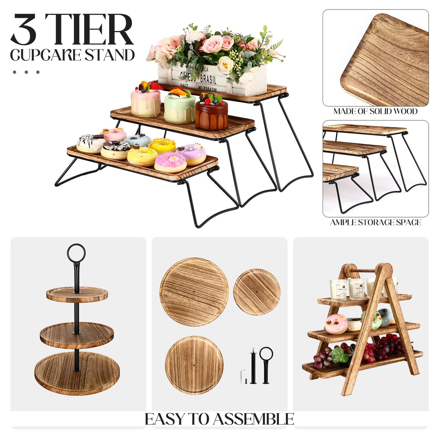 Wenqik Set of 3 Wood Cupcake Stand 3 Tiered Serving Tray Rustic Wooden Dessert Cake Stand Display Cookie Candy Buffet Holder for Tea Party Wedding Home Farmhouse Kitchen Decor