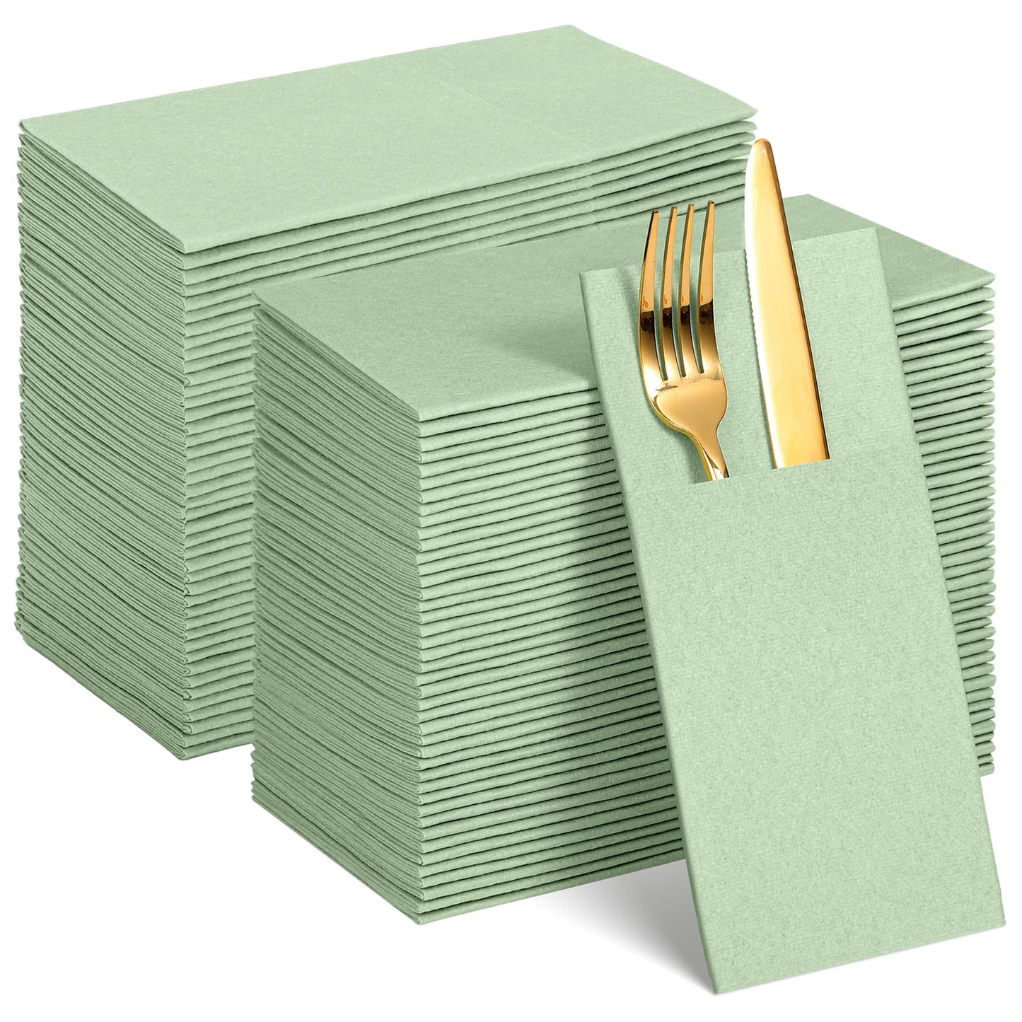 120 Pcs Sage Green Linen-Feel Paper Napkins with Built-in Flatware Pocket, Pocket Linen Napkins Prefolded Cloth Like Paper Napkins Bulk for Silverware Easter Wedding Baby Shower Birthday Bridal Party