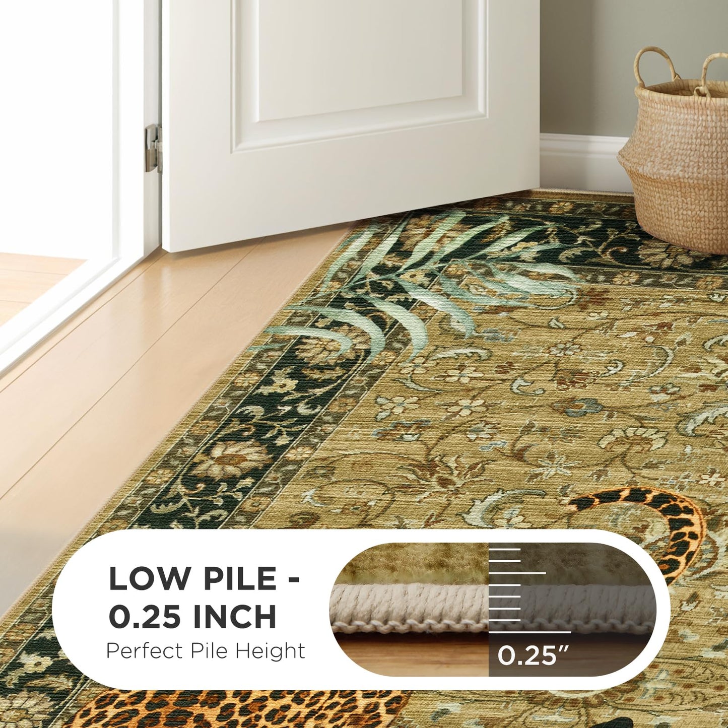 Joydeco Washable Tiger Print 5x7 Living Room Area Rug, Vintage Boho Cheetah Dining Room Rug Non Slip, Leopard Stain Resistant Carpet for Bedroom Office Playroom Entryway, Camel