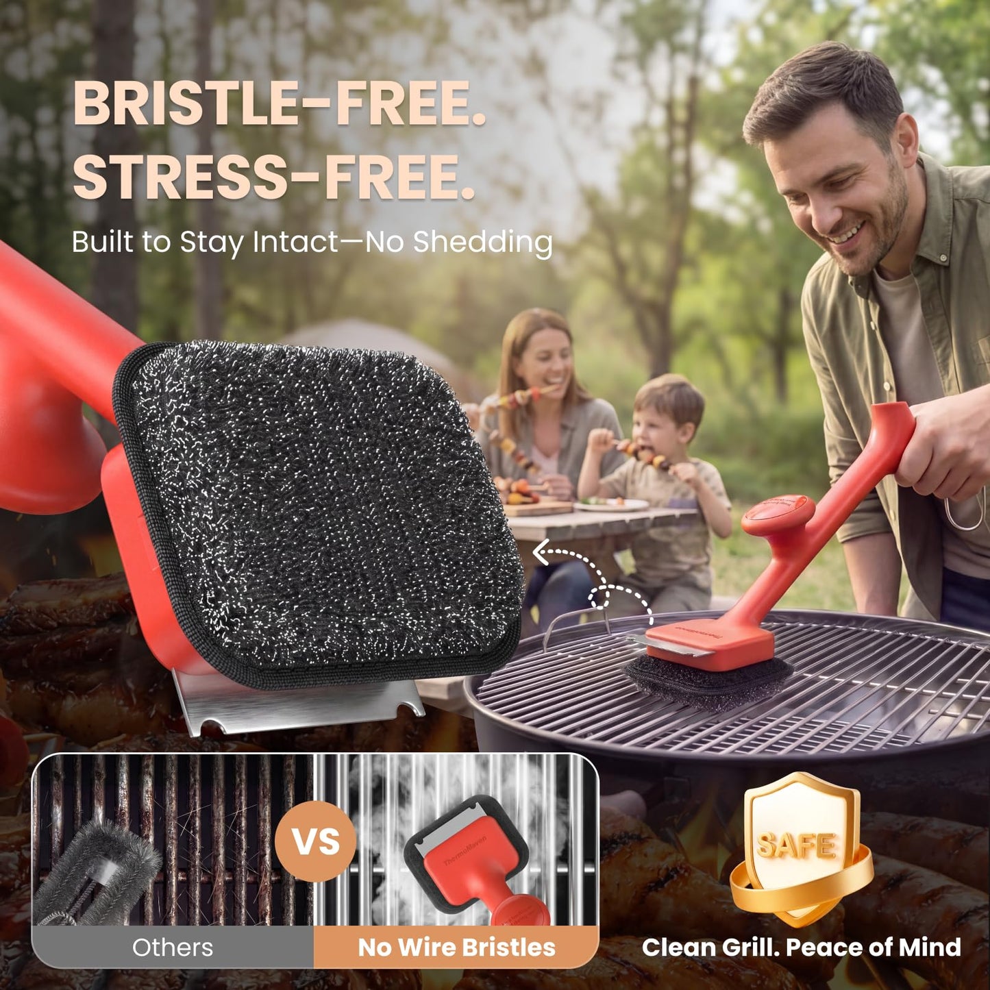 ThermoMaven BBQ Grill Brush Bristle Free - 17" Safe Steam Grill Cleaner Brush with Scraper and 5 Brush Heads for Porcelain/Gas/Charcoal Grill Outdoor Grill Barbecue Cleaner