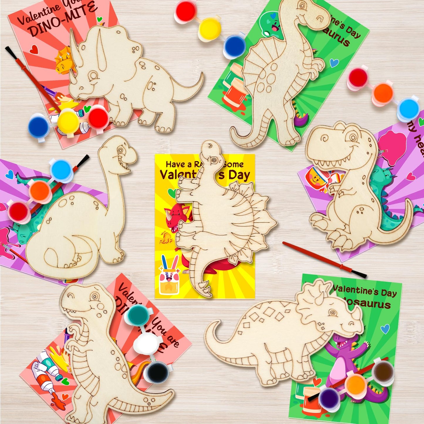 Ximoeo 26 Sets of Dinosaur Wood Paint Crafts Set Valentine's Day Gifts for Kids with Valentine's Day Card School Classroom Valentine Gifts Boy Girl Exchange Party Favors Goodie Bags for Kids