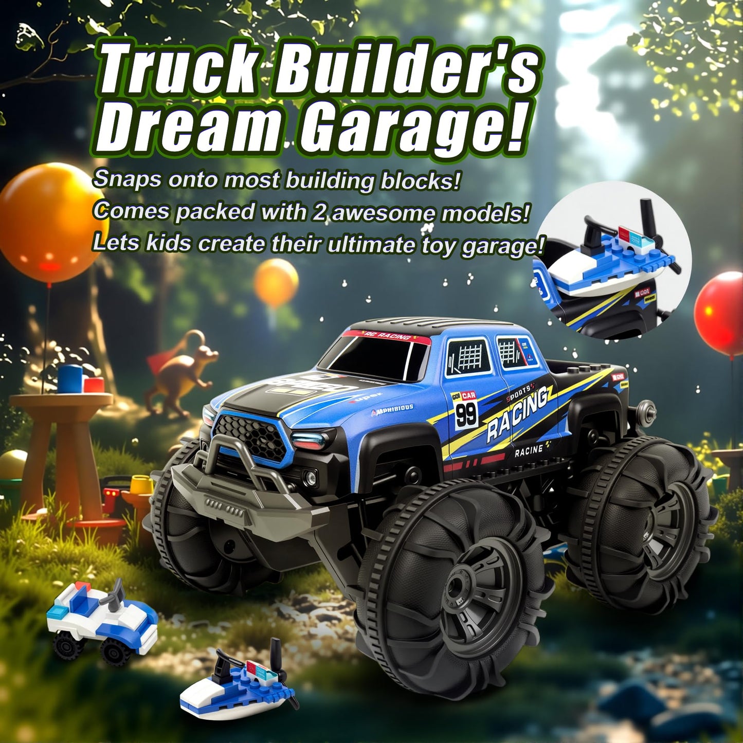 Calefwe Amphibious Remote Control Car, Monster Trucks for Boys Age 4-7, Monster Truck Toys W/Blocks & 360°Spin, 4WD All-Terrain Off-Road RC Cars with 2 Batteries 100 min, 2.4Ghz Pool Toy Gift for Kids