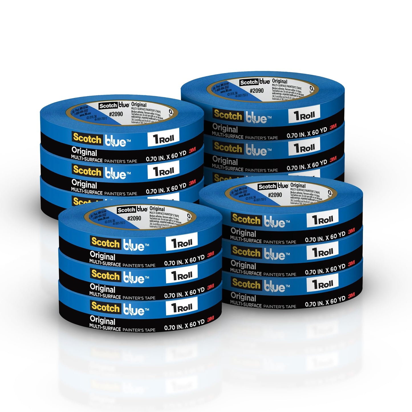 ScotchBlue Original Multi-Surface Painter's Tape 2090, 0.75 Inches x 60 Yards per Roll, 12 Rolls, Blue, 14-Day Clean Removal, UV Resistant, for Indoor and Outdoor Use