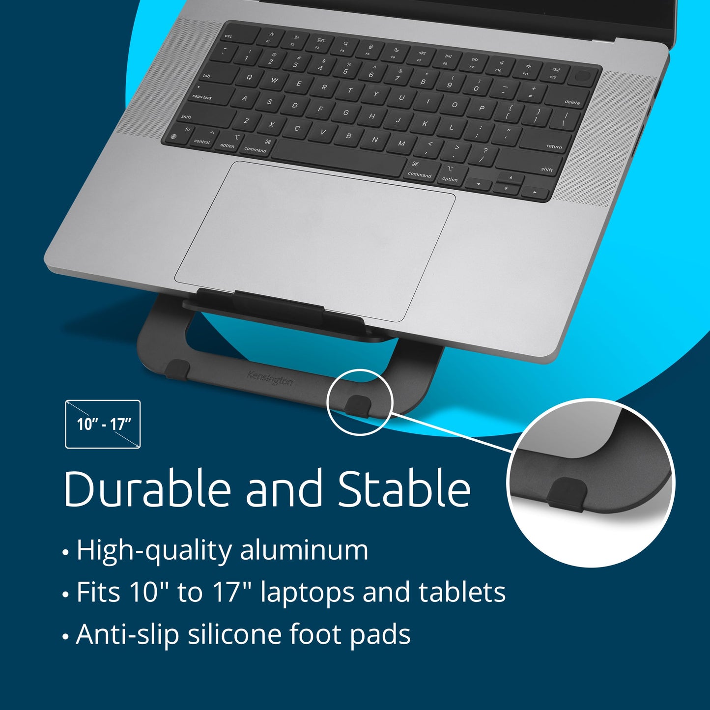 Kensington Adjustable Aluminum Laptop Stand for Desk, Ultra-Slim Lightweight Foldable Portable Notebook Holder, Anti-Slip Silicone Tablet Mount for 10"-17" Laptops and Tablets, Black K50428WW
