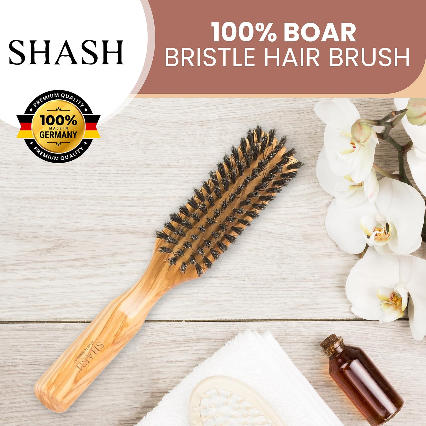 Made in Germany - SHASH + KELLER BÜERSTENFABRIK 100% First Cut Boar Bristle Hair Brush, Suitable For Thin To Normal Hair - Naturally Conditions Hair, Improves Texture, Exfoliates, and Stimulates