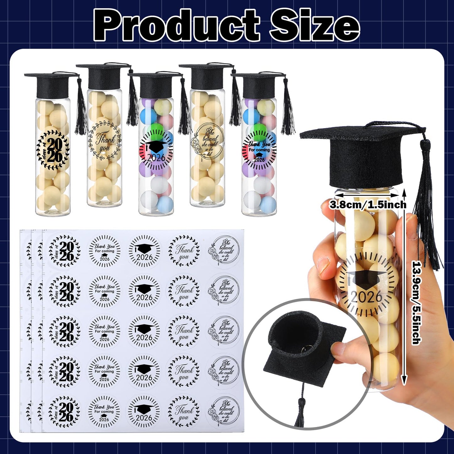 Teenyyou 50 Pcs Graduation Candy Tubes 2026 Graduation Party Favors Candy Boxes Plastic Grad Cap Jars Container with Tassels and Stickers for DIY Grad Table Party Favors (Black)