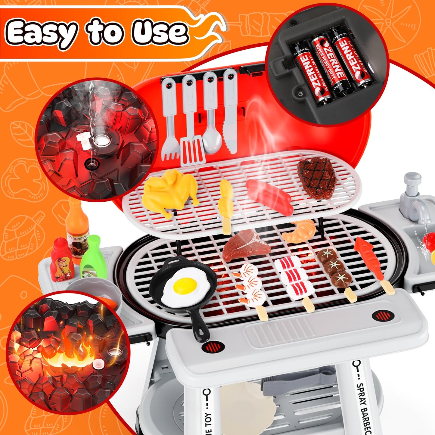 68 PCS Kids Kitchen Playset for Toddlers 3-5,Cooking BBQ Grill Set Toys with Realistic Smoke, Sound & Light,with Kitchen Sink,Little Chef Pretend Play,Outdoor Camping Birthday Gifts for Boys Girls