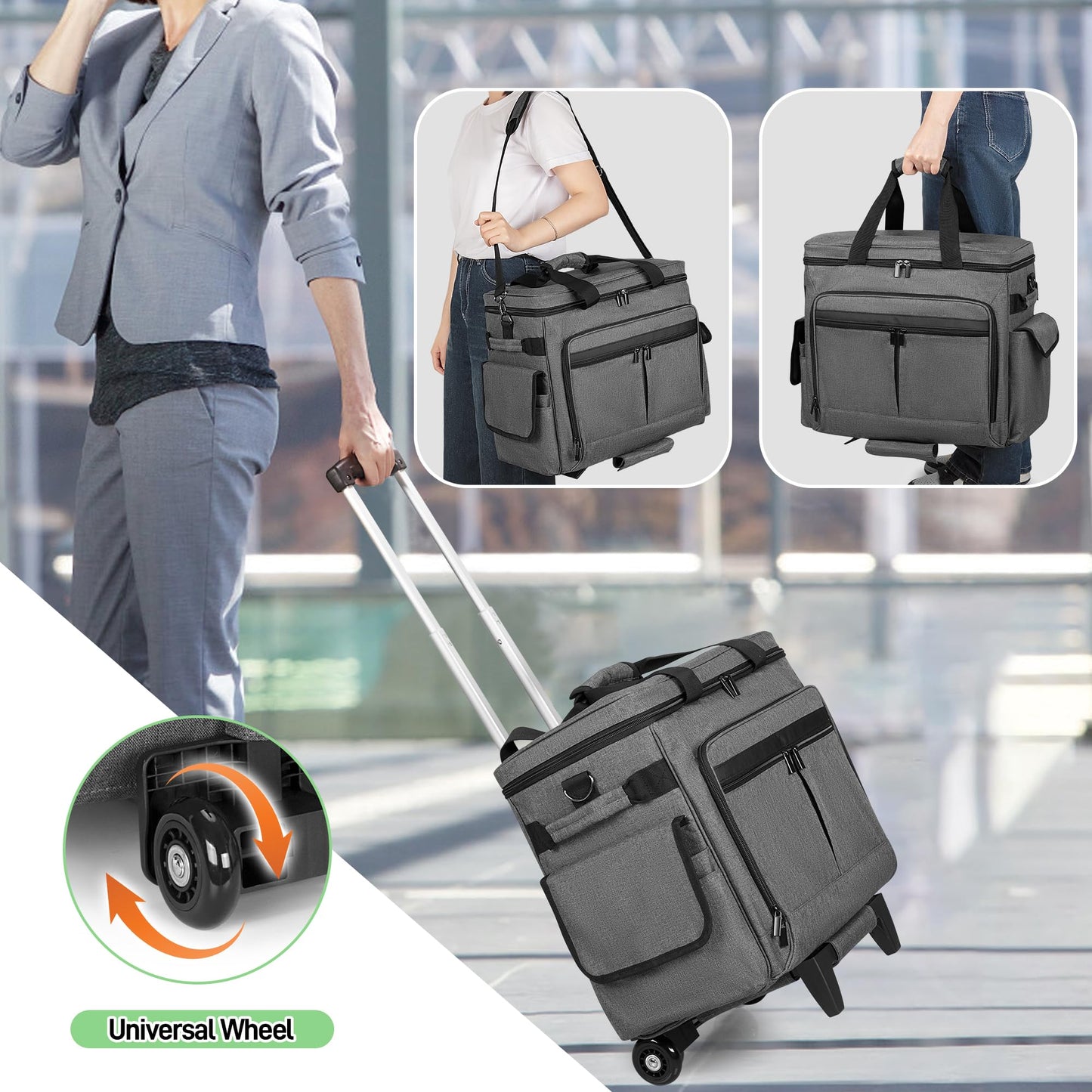 Trunab Rolling Teacher Bag with Expandable File Pocket and Detachable Trolley, Teacher Tote Bag with Wheels for up to 15.6 Inches Laptop (Patented Design) (Grey)
