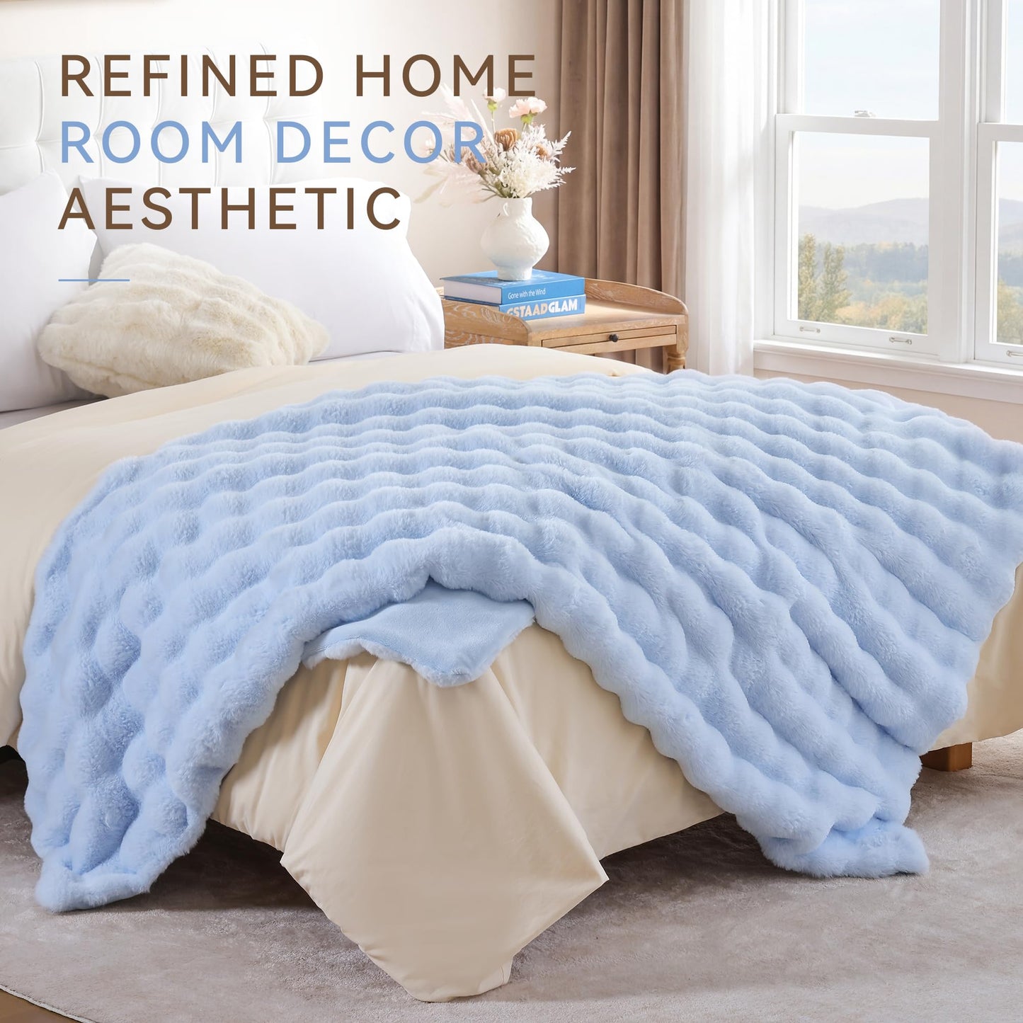 Smoofy Faux Fur Throw Blanket for Couch - Light Blue Super Soft Cozy Bubble Blanket, Fluffy Plush Fuzzy Throw for Sofa & Bed, Thick Lightweight Warm Blanket, Luxury Aesthetic Gift for Women 50"x60"