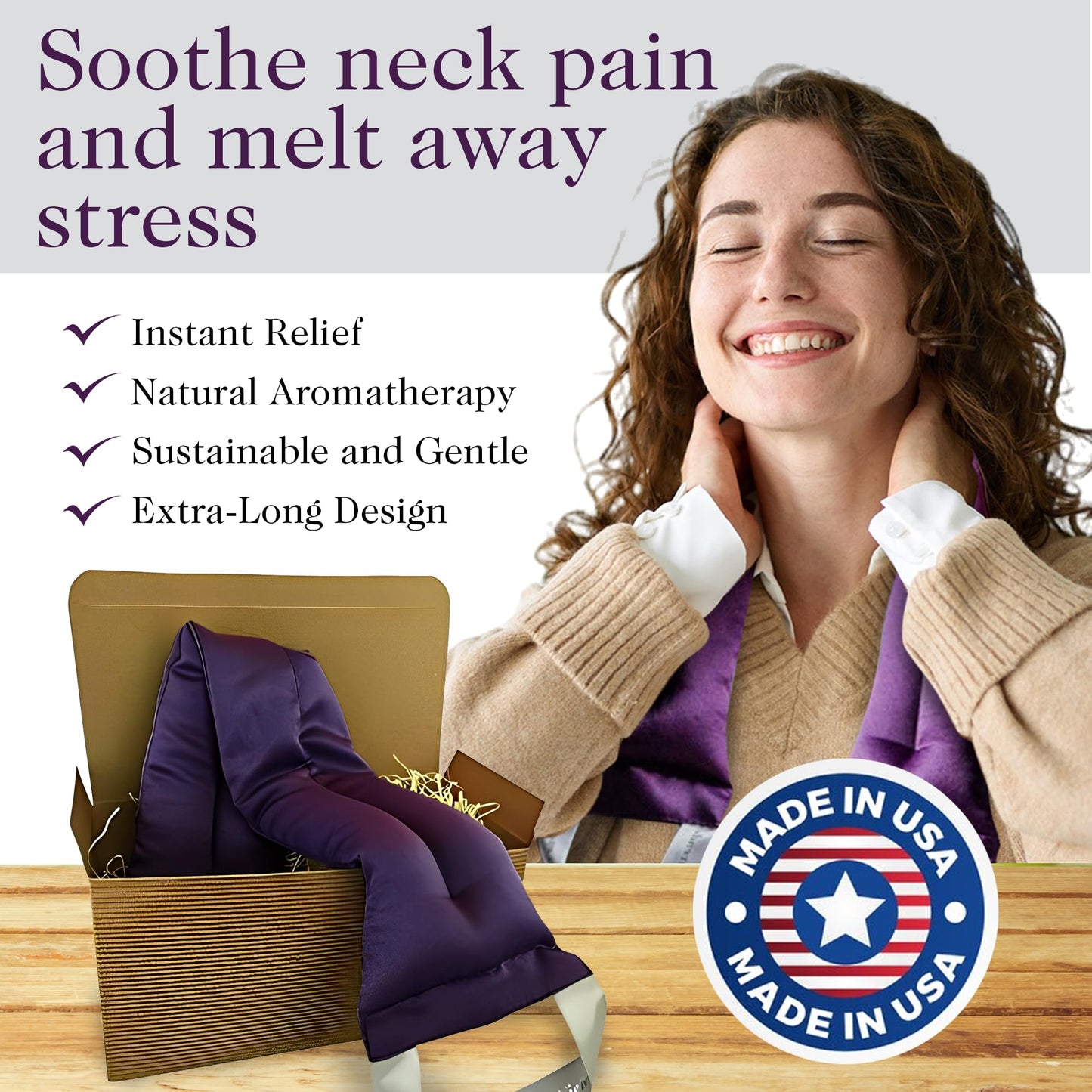 Victoria's Lavender Luxury Microwavable Aromatherapy Lavender Neck Wrap Provides Stress and Neck Pain Relief with Organic Lavender Buds and Flax Seed, Extra Long, Excellent Gift for Relaxation