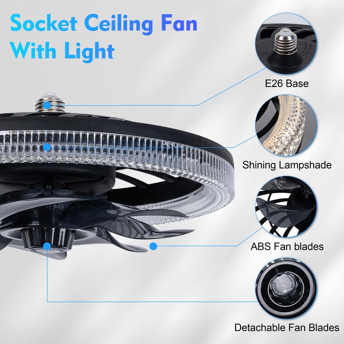 Socket Ceiling Fan Light,Bulb Socket Fan with Remote,Dimmable E26 Base Ceiling Fans with Lights for Bedroom,Screw in Fan and Light Combo,Mini Small Ceiling Fan with Light,Recessed Light Fan Lamp