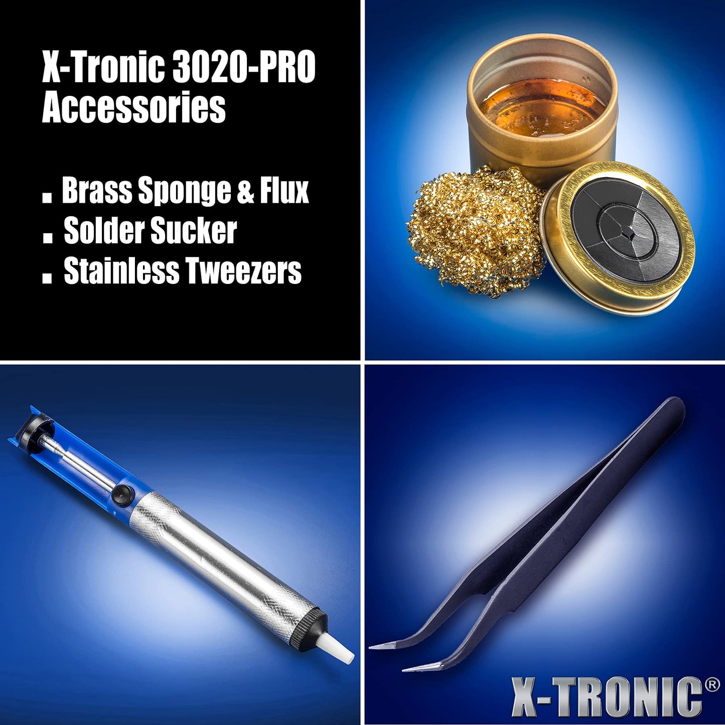 The Original X-Tronic 3020-XTS • 75W Soldering Iron Station Kit • 2 Helping Hands • 5 Extra Tips • Roll of Solder • Brass Sponge & Flux • Tweezers • Solder Sucker • °C/°F Toggle & Sleep Features!