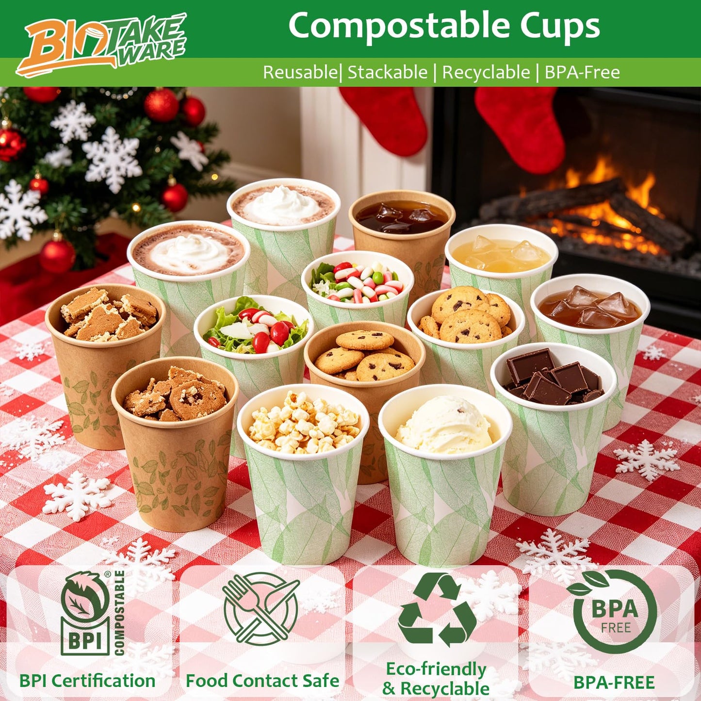 Biotakeware 8oz 300Count Compostable Paper Cups, Plant-Based Disposable Coffee Cups with PLA Lining, Perfect for Hot & Cold Drinks, Coffee, Party, Office & Daily Use