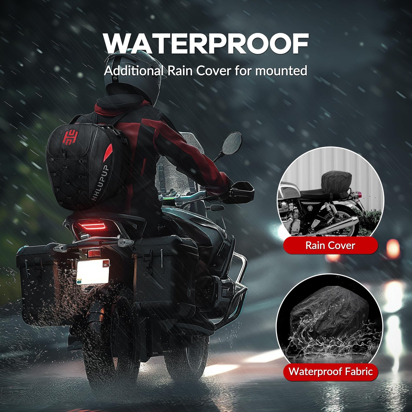 HHLUPUP 38L Motorcycle Tail Bag Seat Helmet Large Capacity Motorcycle Backpack Waterproof Luggage Bag Red