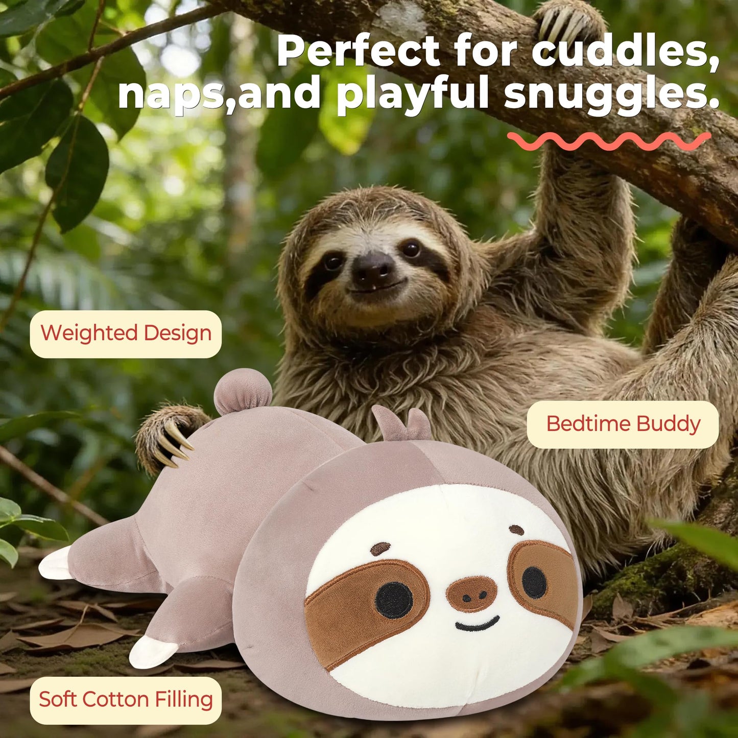 Onsoyours Original Sloth Weighted Stuffed Animals - 1.8 lbs Cute Sloth Plushies, 13.8 inch Soft Plush Toys Gifts for Kids & Adults Grey