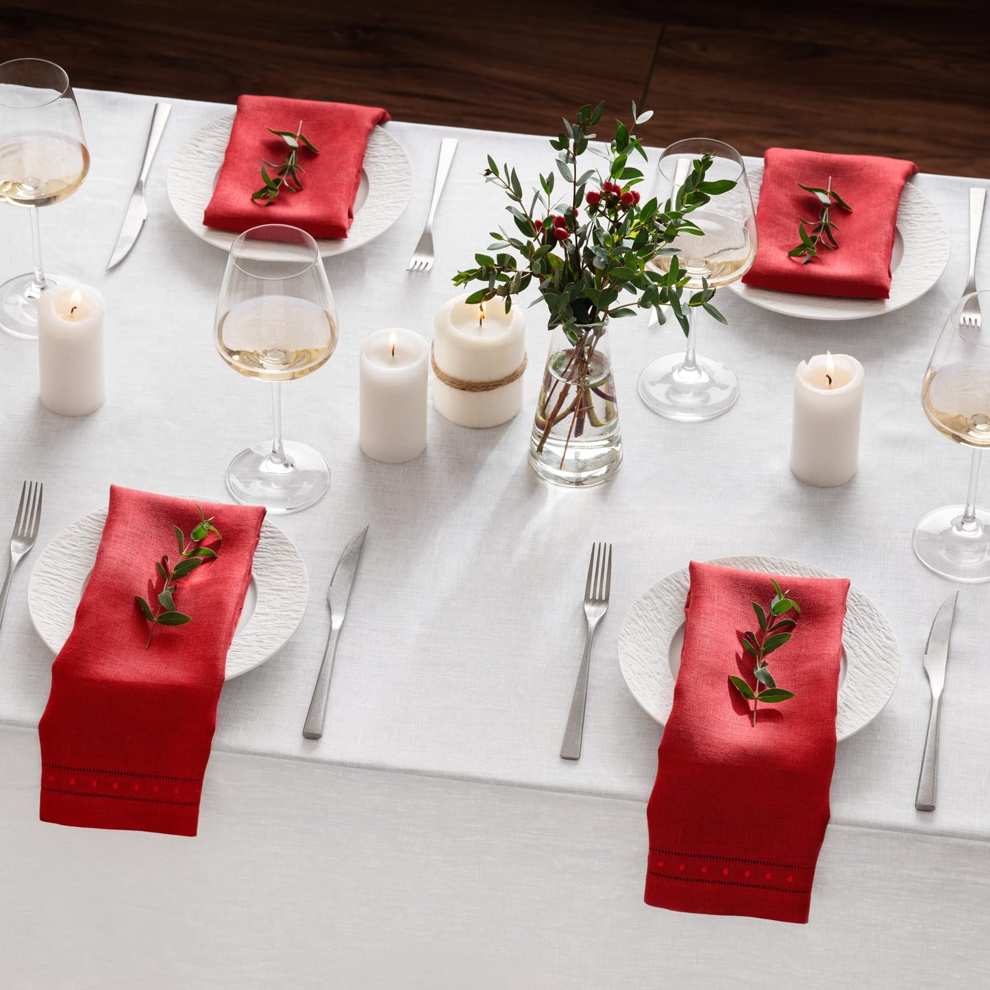 Linen Napkins Set of 4-100% Pure Linen Red Embroidered Dinner Napkins - Hemstitch Cloth Napkins Washable for 4th of July