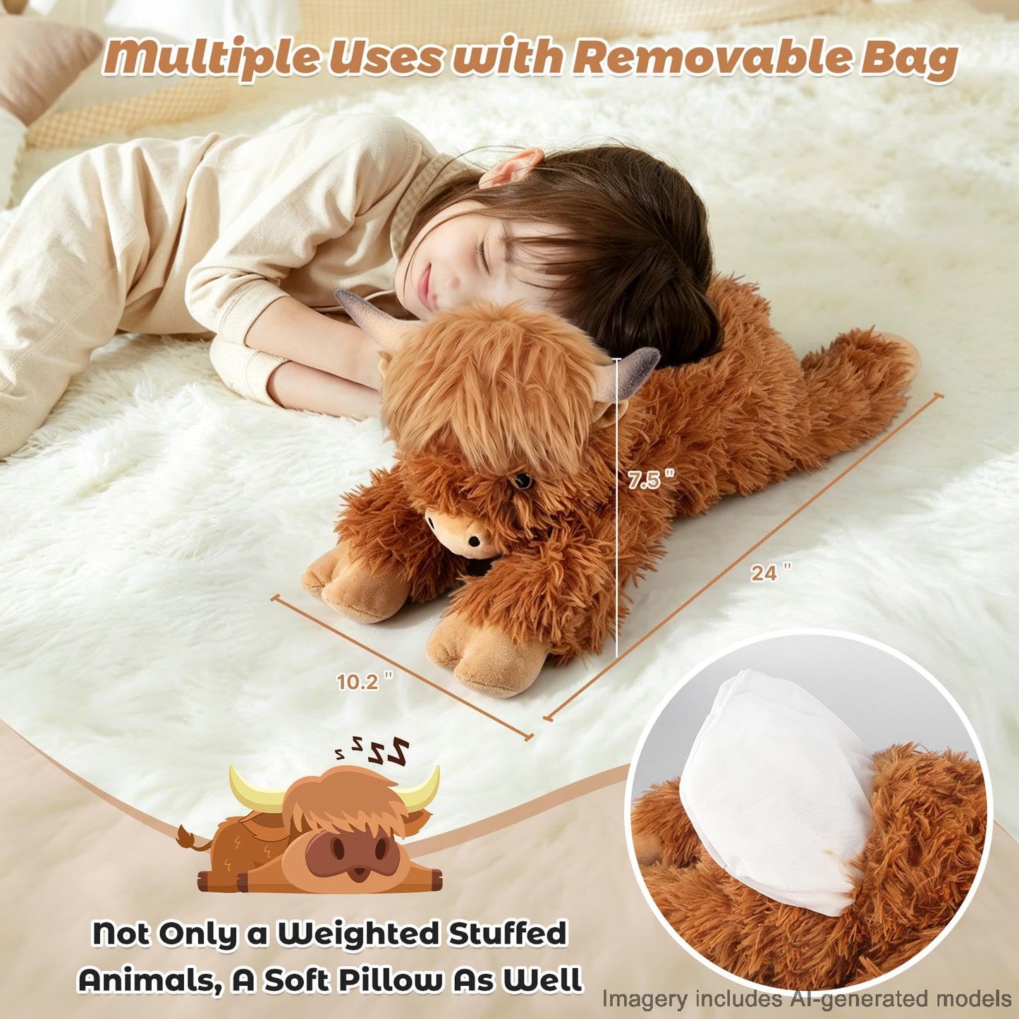 24" & 4.5 lbs Highland Cow Weighted Stuffed Animal, Adjustable Sitting & Laying Plush Toy Pillows with Removable Ceramsite Bag for Companion, Cuddly & Soft Gifts for Adults, Kids, Boys and Girls