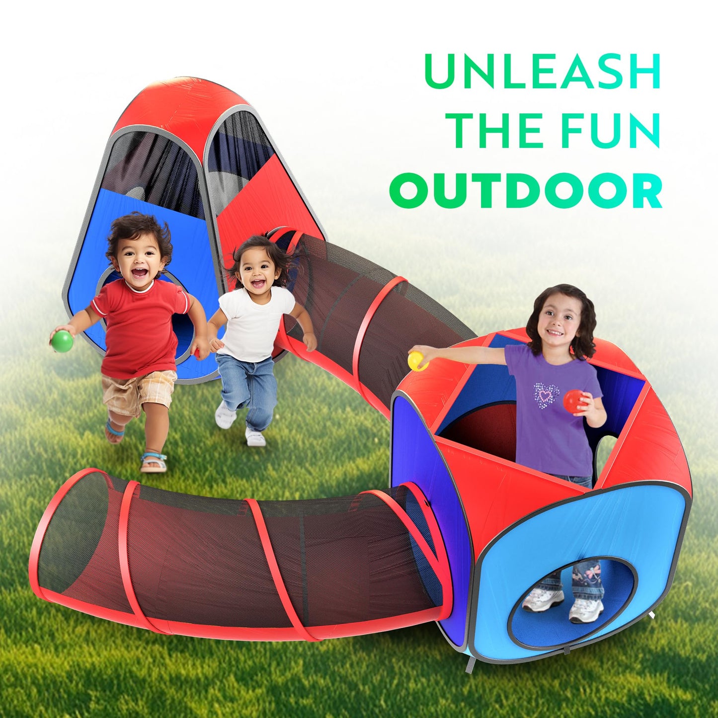 Playz 4pc Pop Up Play Tent and Tunnel Bundle for Toddlers and Kids - Indoor & Outdoor Playhouse with Storage Bag, Red & Blue