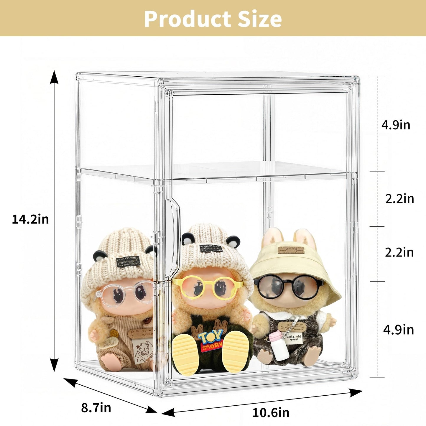 Acrylic Display Case for Collectibles, Clear Storage Bin with 3 Adjustable Layers and1 Removable Divider, Stackable Clear Storage Box with Magnetic Door for Figures, Home or Office,Large,2Pack