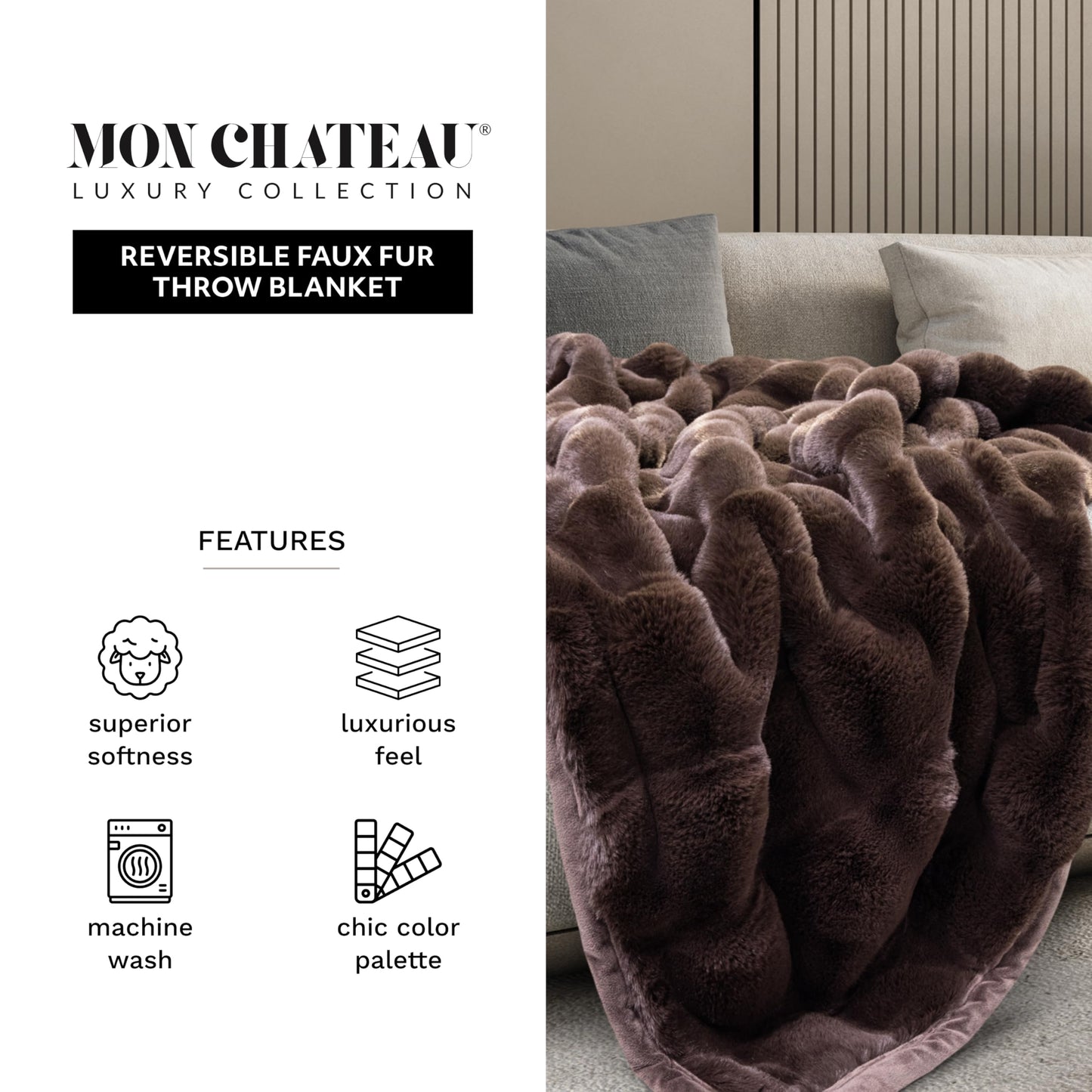 Mon Chateau 60" x 70" Hearthside Faux Fur Throw Blanket, Reversible Soft Blanket for Queen-Size Bed, Couch, or Sofa, Cozy Home Decor and Stylish Living Room Comfort, Winter Cream (Chestnut Square)