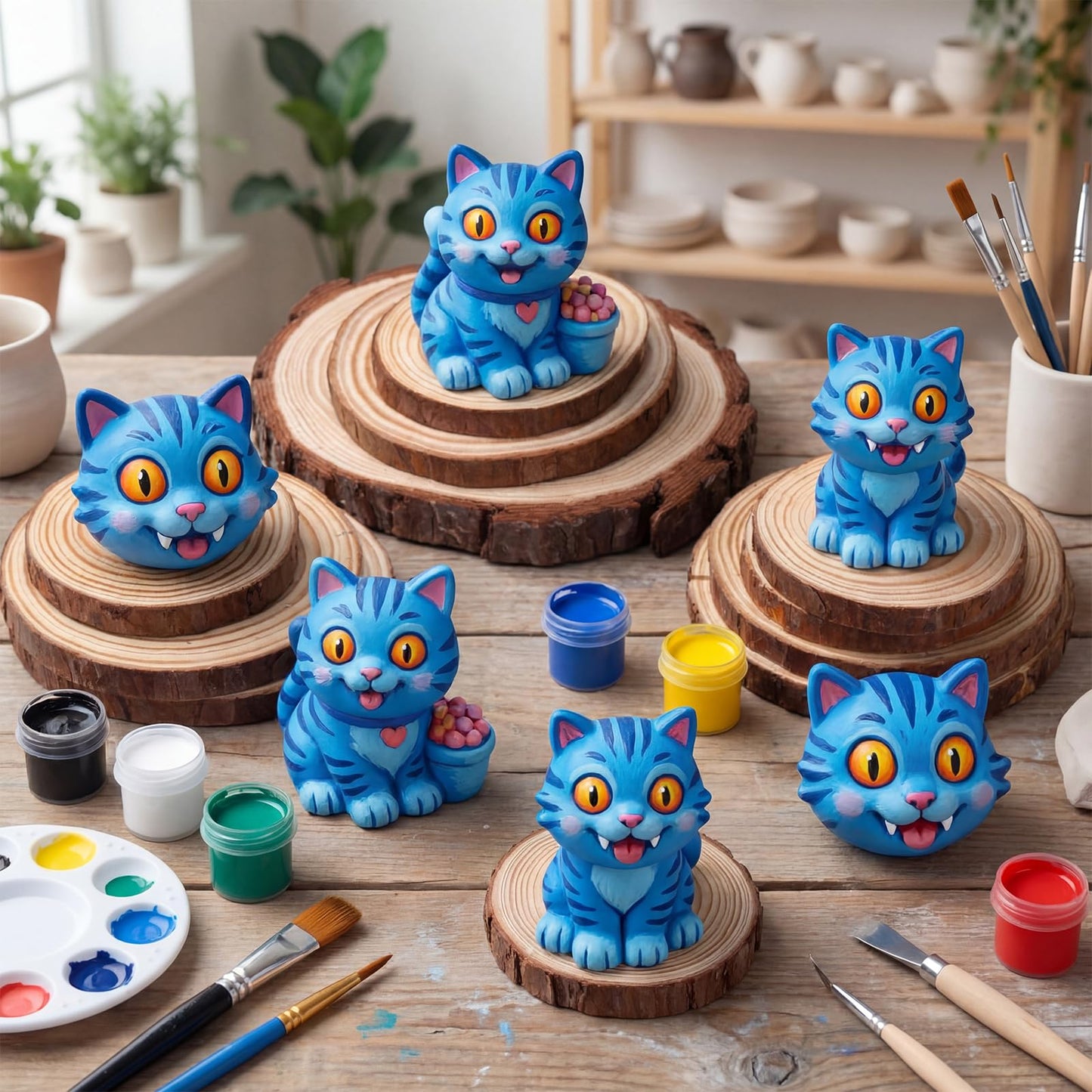 Jenaai 6 Pcs Kpop Theme Party Cat Ceramic Painting Kit DIY Blue Cat Gypsum Figurine Paint Craft Paint Your Own Kitten Statue for Birthday Gifts Decoration Friendship Fans Favor