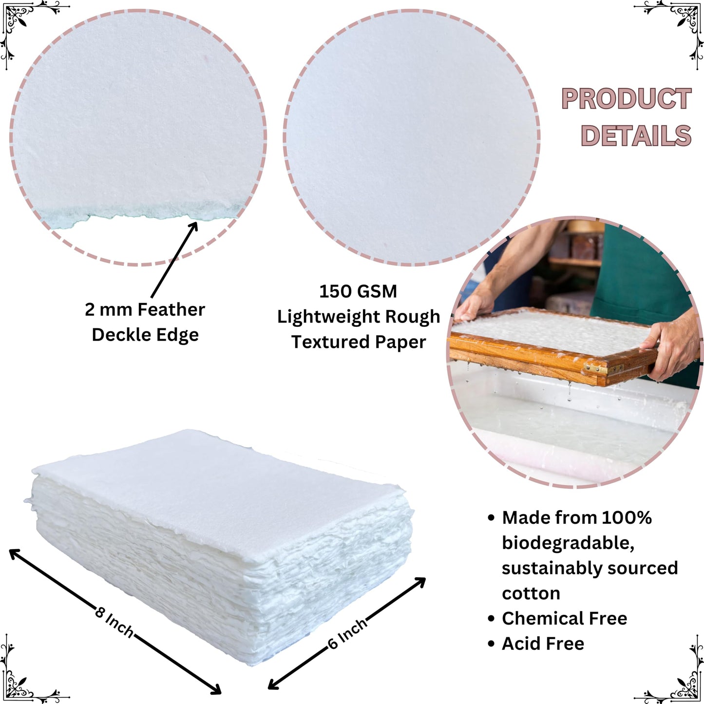 Handmade Cotton Paper with Deckle Edge Recycled Cotton Rag Mixed Media Card Stock for Watercolor, Writers, Invitations, Crafts (6x8 inch "A5", 150gsm, 50 Pack)