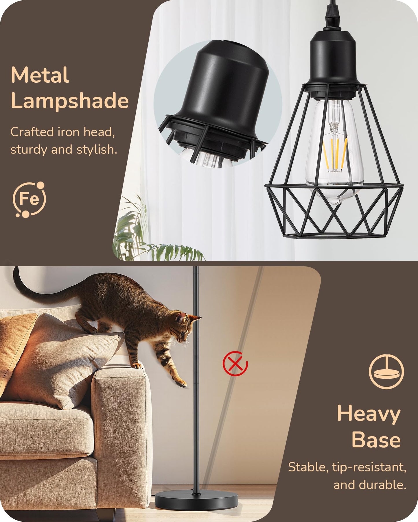 EDISHINE 70IN Farmhouse Floor Lamps for Living Room, Dimmable Industrial Tall Standing Lamps 3 LED Edison Bulbs Included, Diamond-Shaped Cage, Rustic Tree Corner Light for Bedroom, Office, Black