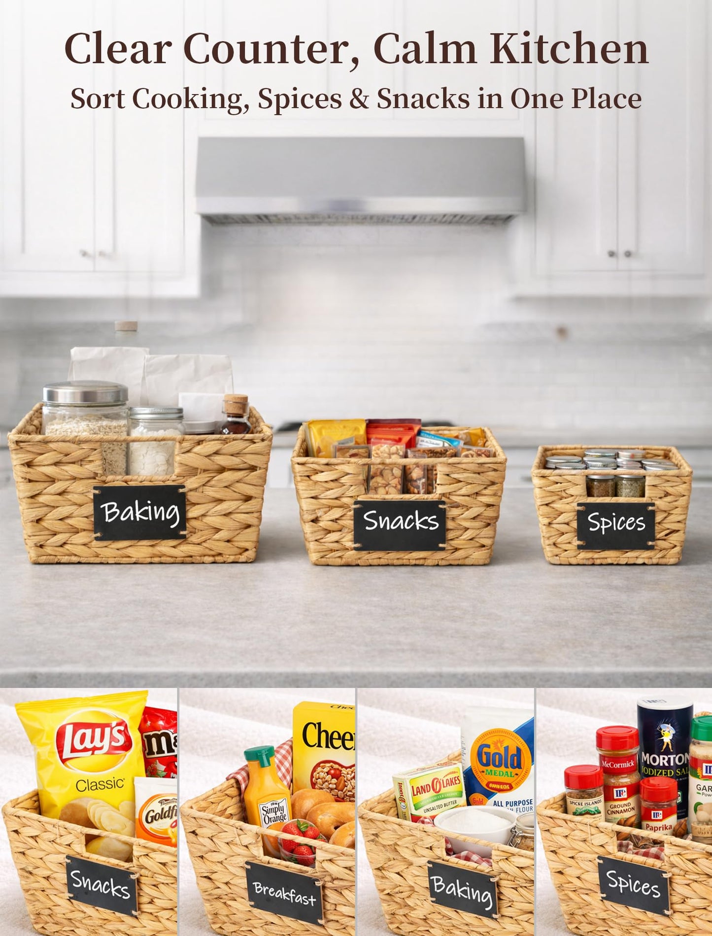 Panovox Pantry Organizers and Storage, Water Hyacinth Storage Baskets for Shelves, Natural Baskets for Organizing, Pantry Baskets with Chalkboard Labels and Marker