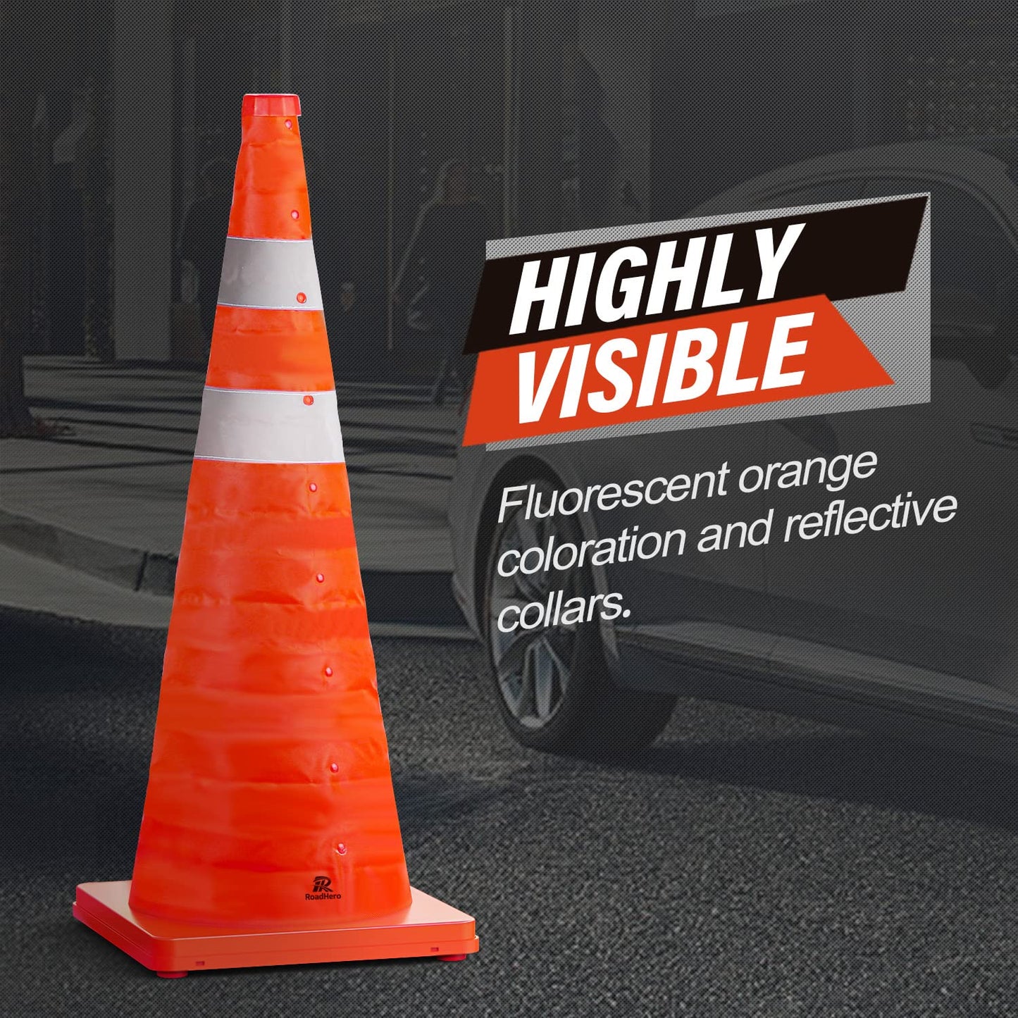 RoadHero 28 Inch 6 Pack Collapsible Traffic Safety Cones, Multi Purpose Pop-up Cones with Reflective Collar for Road Safety, Orange Cones for Driving Training, Parking Lots