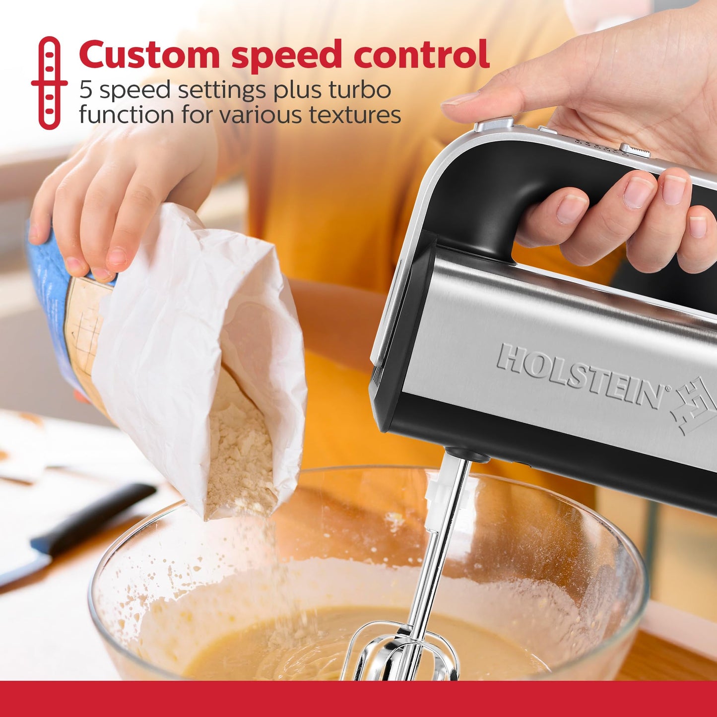 Holstein Housewares 5-Speed Hand and Stand Mixer, 250W Power with LED Light, Black and Stainless Steel – Versatile Mixer for Baking, Whipping, and More