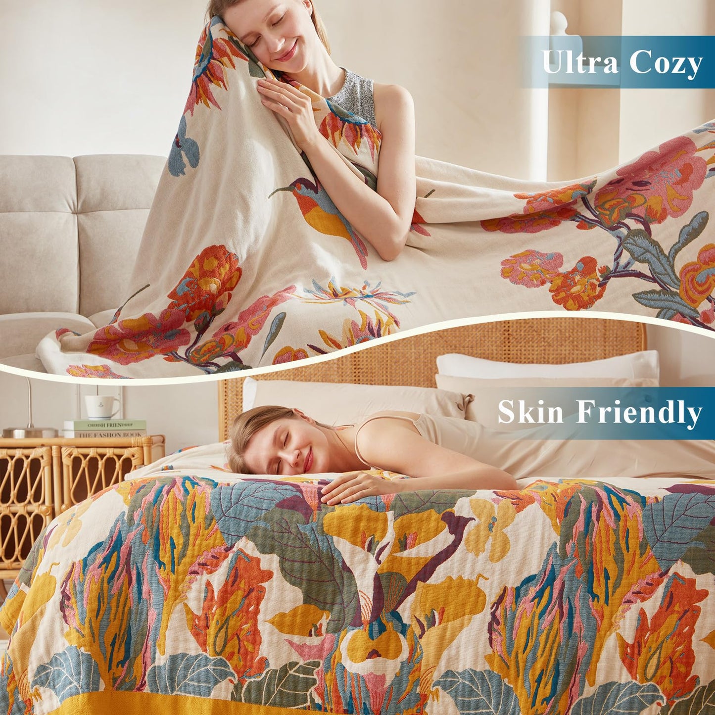 Wzvzss Boho Throw Blanket - 100% Cotton Soft Summer Throw Blanket for Bed, 90"x108" Reversible Breathable Lightweight Blankets, All Seasons Farmhouse Decor Floral Plant Butterfly Throw Quilt
