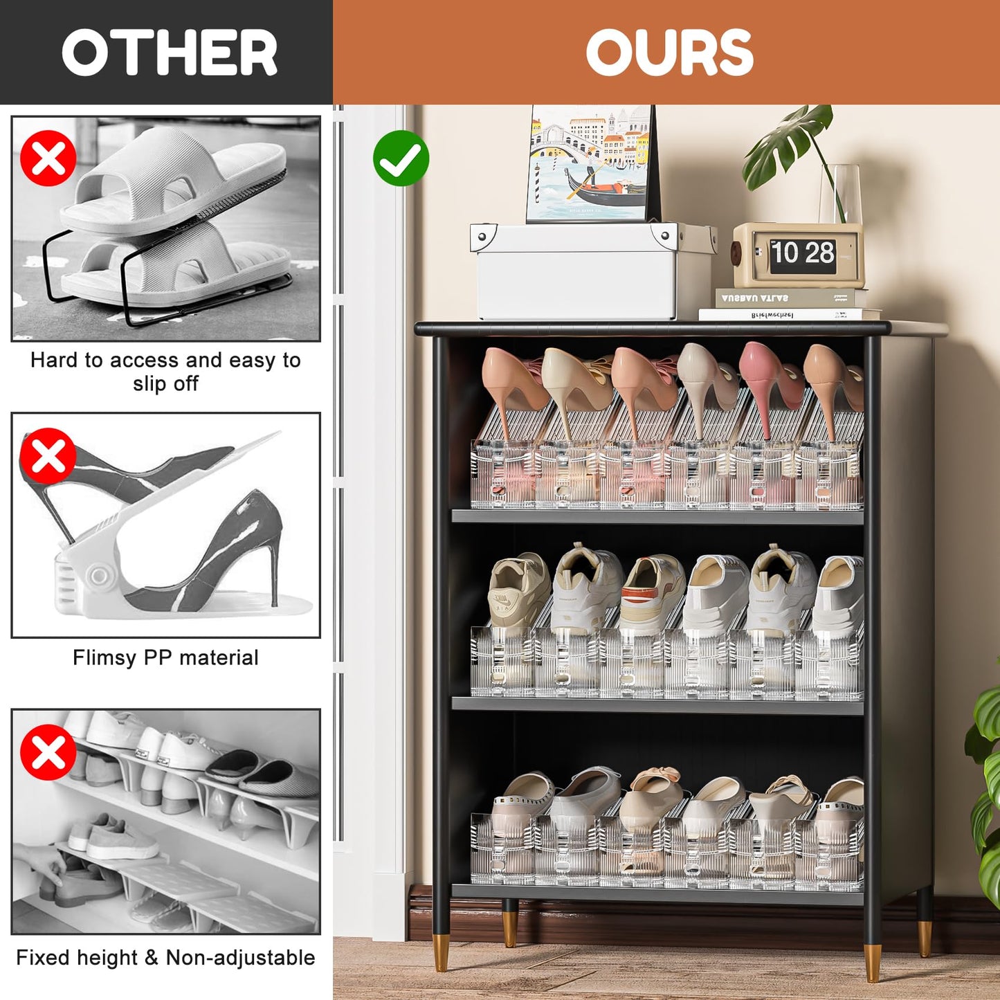 Neprock Shoe Slots Organizer for Closet, 20 Pack Acrylic Shoe Stackers Shoe Rack Holder, 3 Levels Adjustable Thickening Shoe Display Shoe Storage 50% Space Saving Zapateras Organizer (Clear,20 Pack)