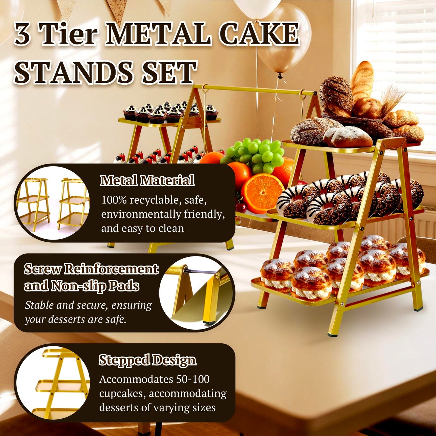 QDXIW Metal 3 Tier Cupcake Stands, Large Capacity Serving Removable Tray Dessert Stands with Swing Design and Anti-slip Base, Food Display for Parties and Events, Wedding, 32.28*15.55*20.47Inch (Gold)