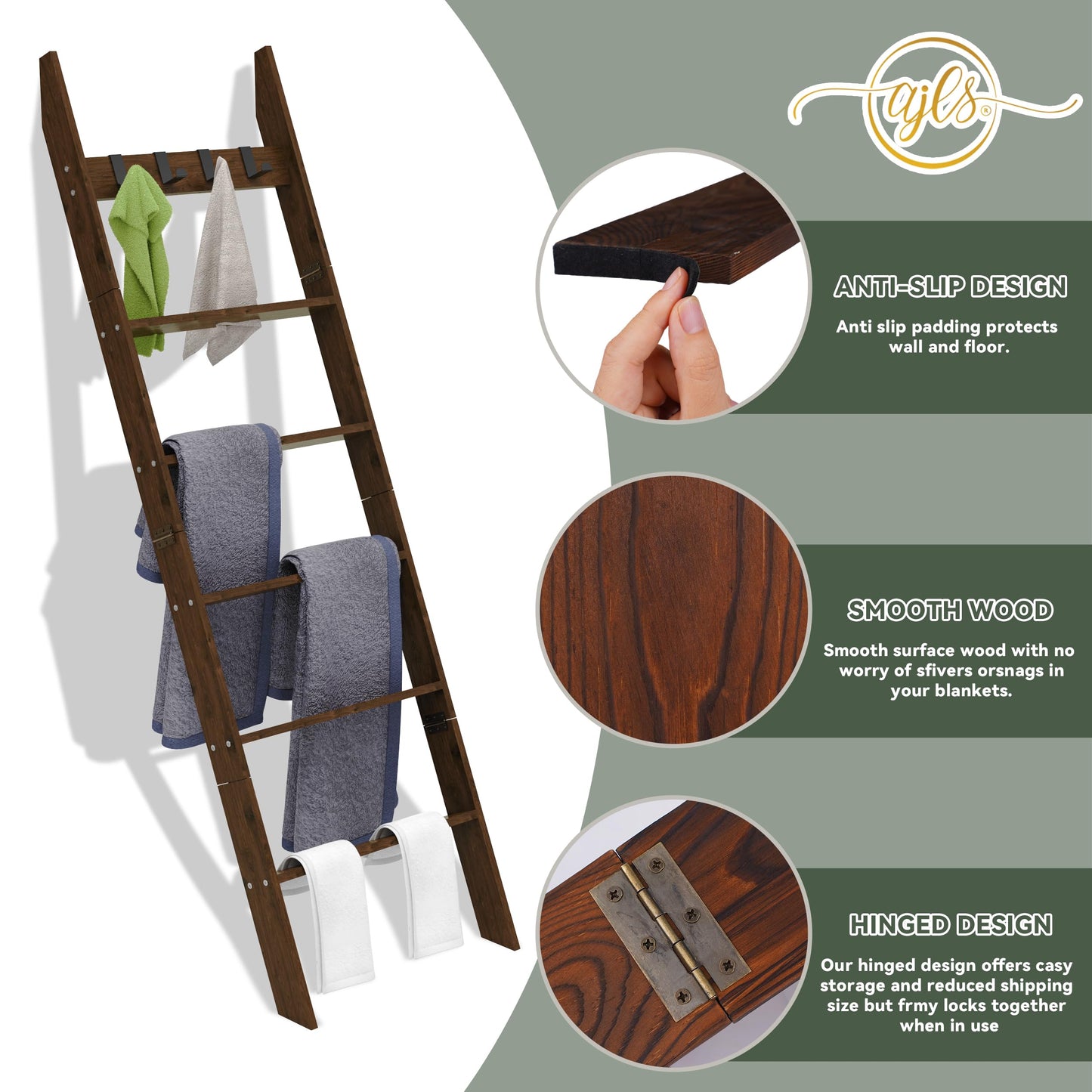 AJLS 6-Tier Blanket Ladder for Living Room, 5.6FT Pine Wood Quilt Rack with 4 Anti-Slip Straps and 4 Removable Hooks, Lightweight, Easy Assembly, Hinged Design, Farmhouse Decorative Shelf