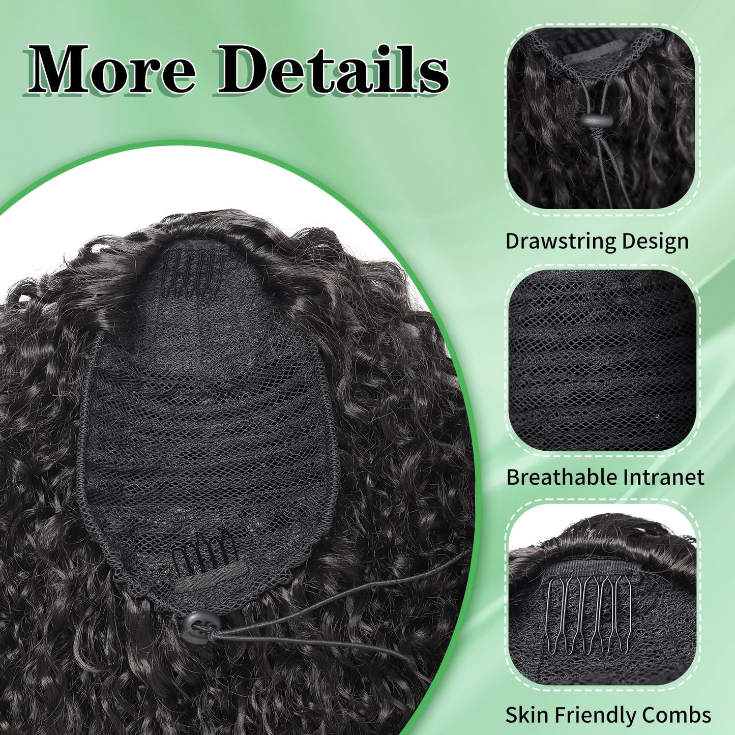 Youthfee 27” Drawstring Ponytail Deep Curly Heat Resistant Human Hair Blended Instant Clip Ponytail Extension Protective Style Afro Kinky Curly Hair Pieces for Women
