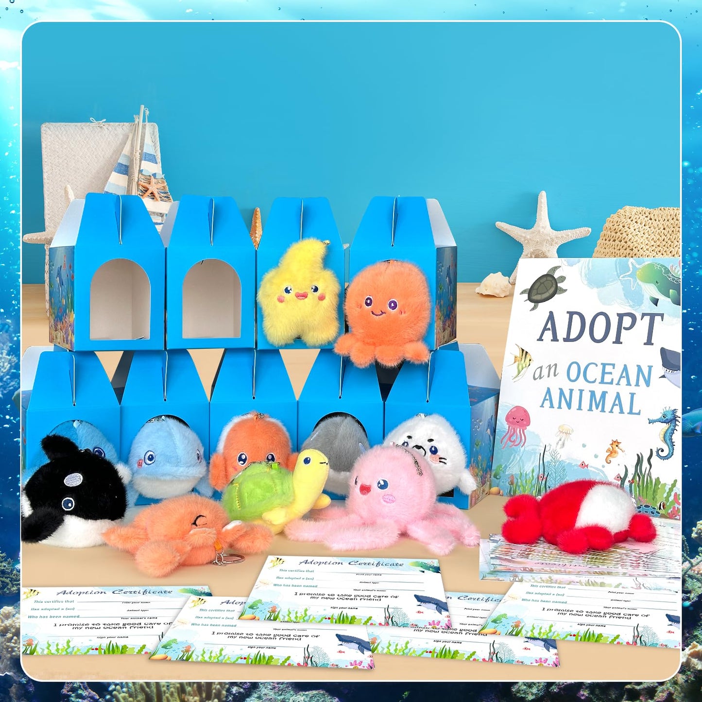 38 Pcs Adopt-A-Sea Animal Party Favors Include 12 Mini Plush Marine Animals Keychains 12 Sea Animals Party Boxes 12 Adoption Cards 1 Adopt Signboard for Animal Theme Party Birthday Party School Prizes