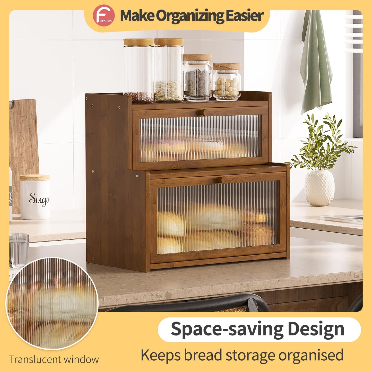 Furshus Double Layer Bamboo Bread Box for Kitchen Counter,Bread Holder,Countertop Bread Storage with Window (Brown)