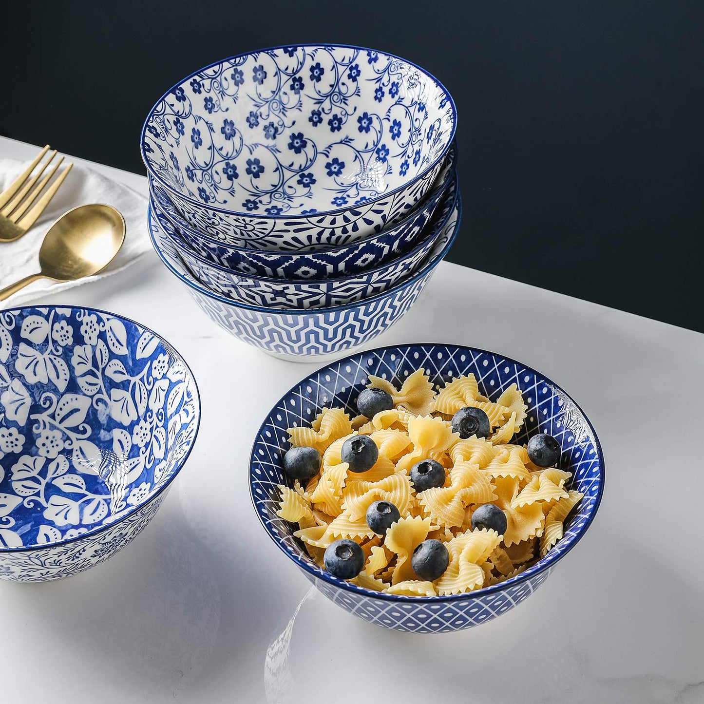 Selamica Blue and White Porcelain 20oz Cereal Bowl Set - Set of 6, 6 inch Soup Bowls, Ceramic bowls for Cereal, Soup, Salad and Pasta, Vintage Blue