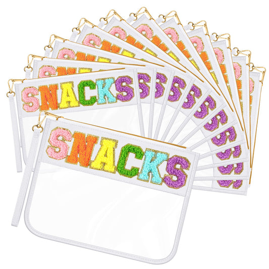 Abbylike 12 Pcs Snack Bags Clear Chenille Letter Snacks Zipper Pouch Waterproof PVC Large Travel Makeup Cosmetic Storage Organizer Bag for Mom Team Cheerleaders Teacher (White)